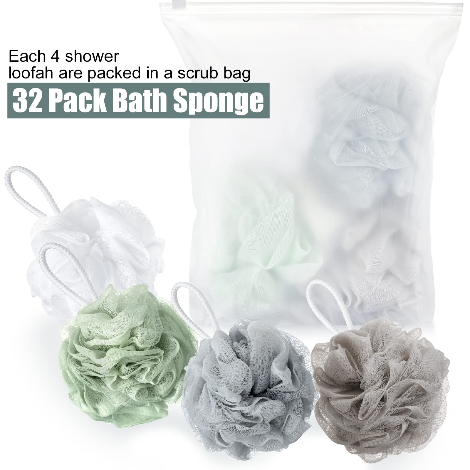32 spugnette da bagno per doccia sfuse da 60 g di bambù e carbone, spugna per doccia grande a rete, morbida spugna per uomini e donne, con accessori da bagno (bene)