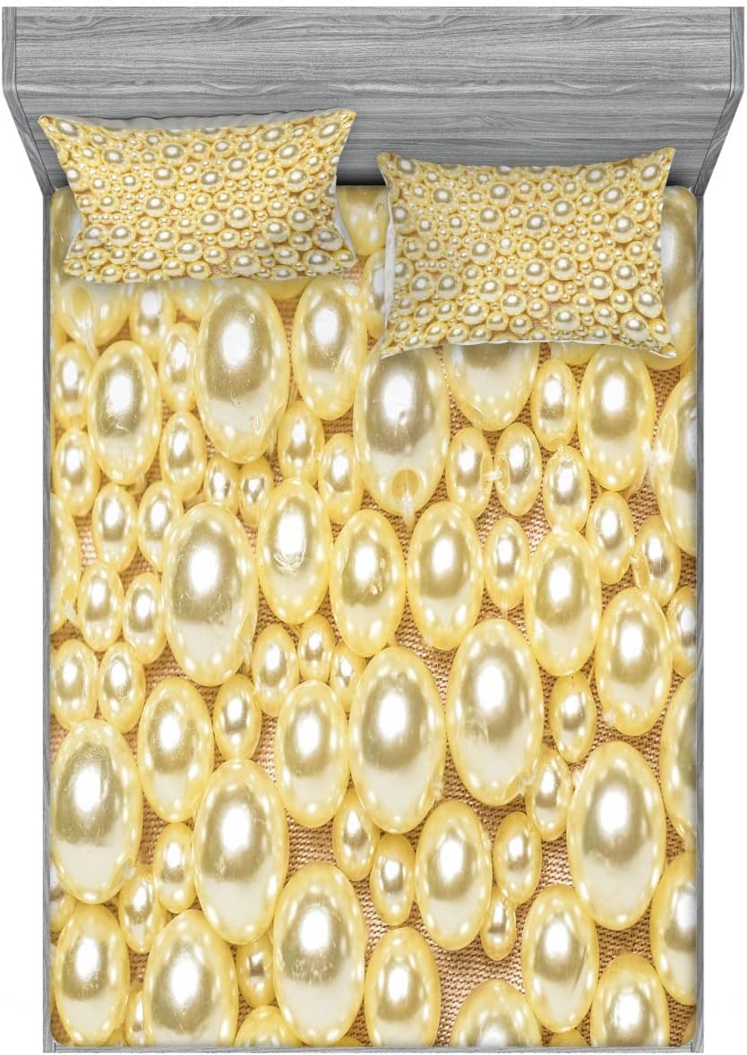 Lunarable Pearls 2 Pack Fitted Sheet & Pillow Sham Set, Different Sized Vivid Beads, 4 Pcs Bedding Decor, Package Contains 2 King Size Fitted Sheets & 4 Pillow Covers, White Beige and Cream