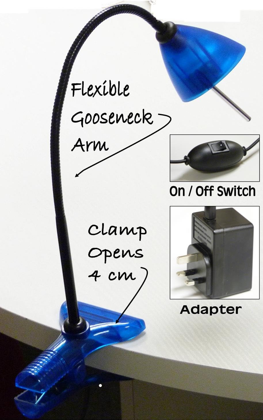 BluMagix Halogen Clip Spot Table Desk bed Lamp - Light Flexible Neck Reading Clamp - Blue