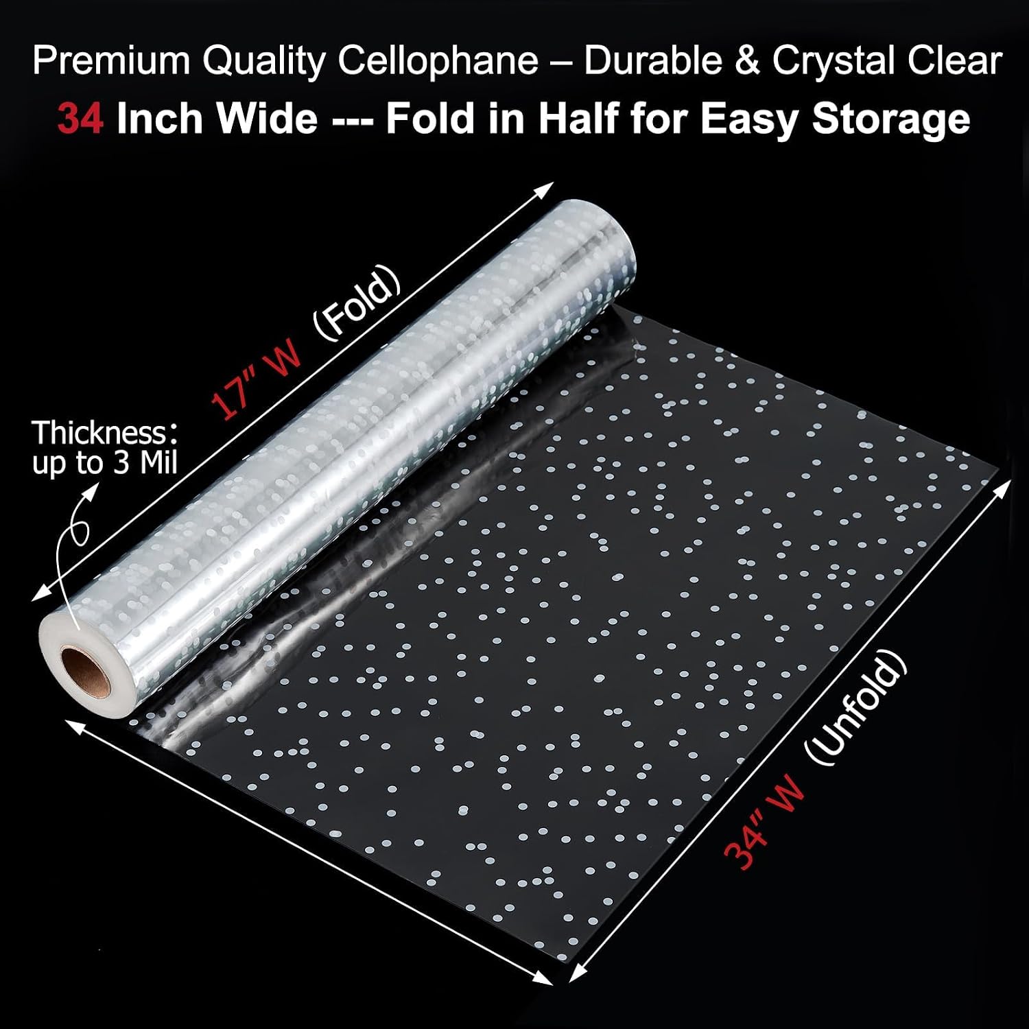 TIMEUPRISE 120 ft Clear Cellophane Wrap Roll (120 Ft x 34 in), 3 Mil Thicken Irregular White Dot Cellophane Gift Wrapping Paper Roll for Flower Bouquet Christmas Gift Baskets Wrap Extra Wide