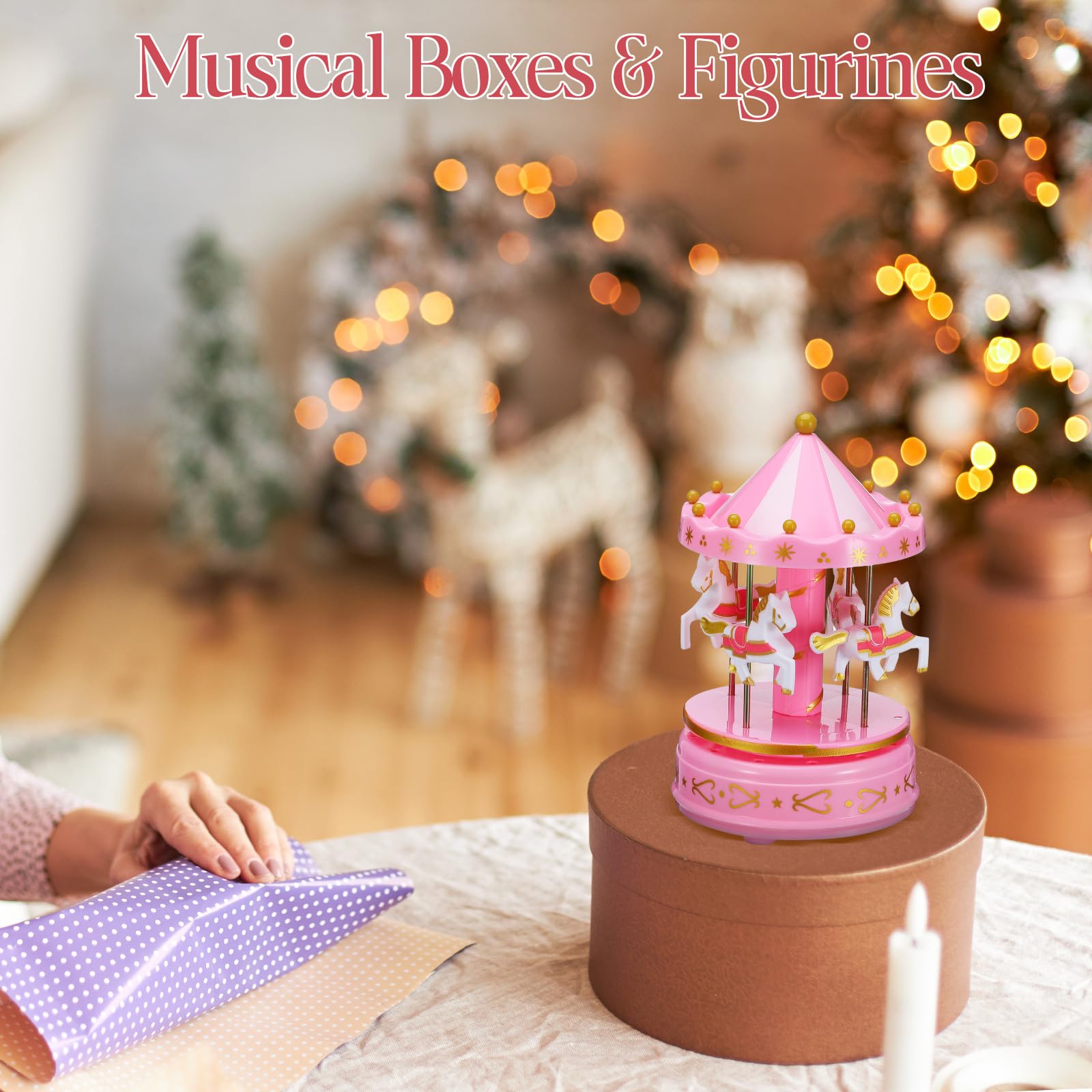 NUOBESTY Caja de Música de Tiovivo Rosa sin Luz Delicada Caja Musical Decorativa de Plástico 1 Pieza para Decoración del Hogar y Obsequio Especial