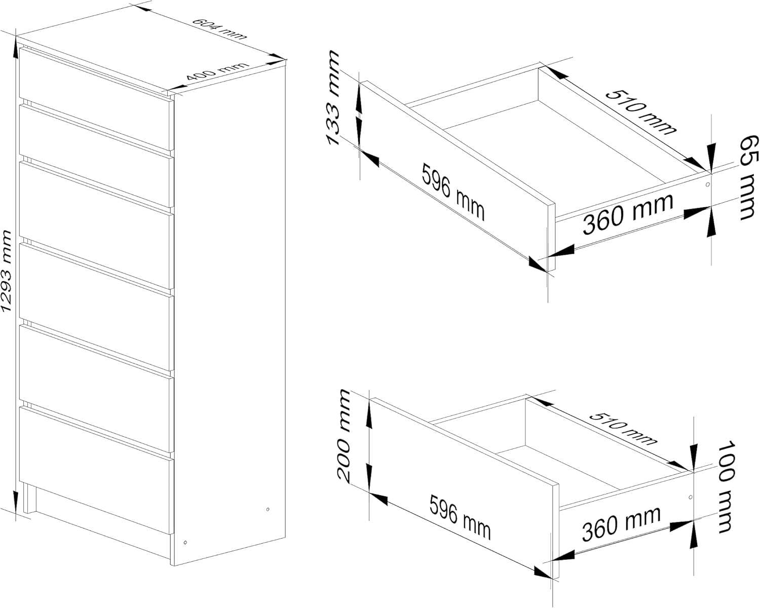 Close-up of open drawers on AKORD K60 chest