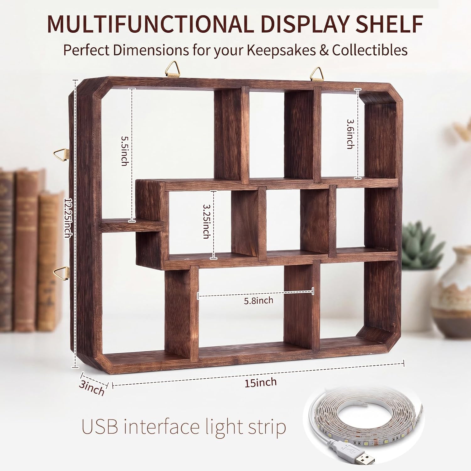 Pinkunn LED Rustic Shadow Box Display Shelf with Lights, 9 Compartments Wood Hanging Display Floating Shelves, Multi-Slot Wall Mounted or Freestanding Farmhouse Decor Displays Case for Collectibles
