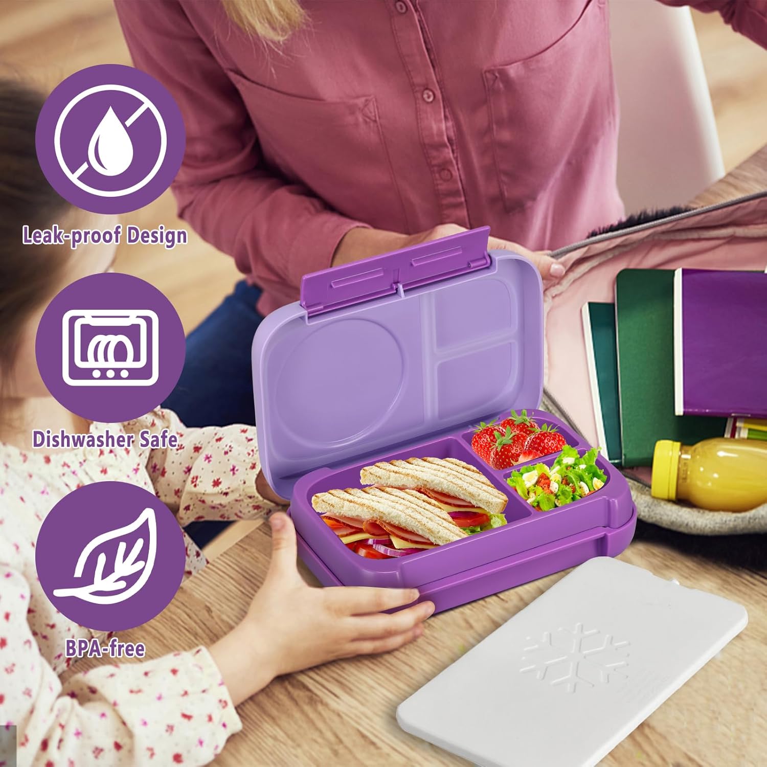 Bento Box for Kids,Kids Bento Lunch Box with Built-in Ice Pack for School,3 Compartments Leak Proof Lunch Container with Utensils for Girl Boy;BPA Free,Microwave & Dishwasher Safe, 44oz(Purple) - Image 7