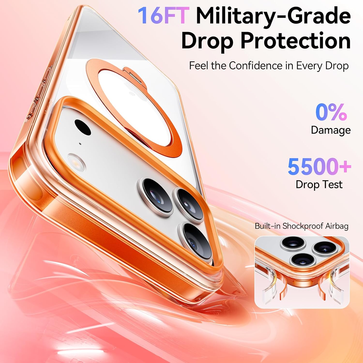 for iPhone 17 Pro Case 2025 (Compatible with MagSafe) (Military Protection) with 360° Spin Stand (DIY Cute Stickers) Anti-Yellow Clear Slim for 17 Pro Phone Case 6.3", Orange - Image 5