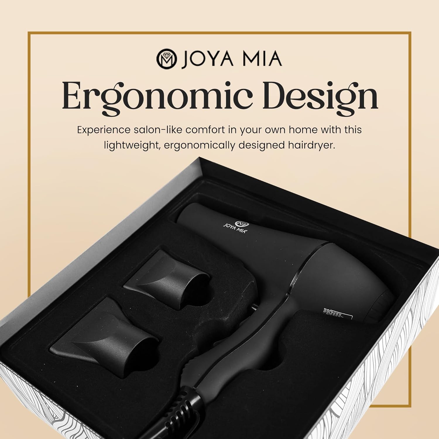 JOYA MIA Anemoi 1875W Ceramic Hair Dryer with Attachments - Lightweight & Portable for Women 3 Heat/2 Speed Settings with Cool Shot Ideal for Fine Curly Frizz-Prone Hair Salon Like Blowdryer - Black