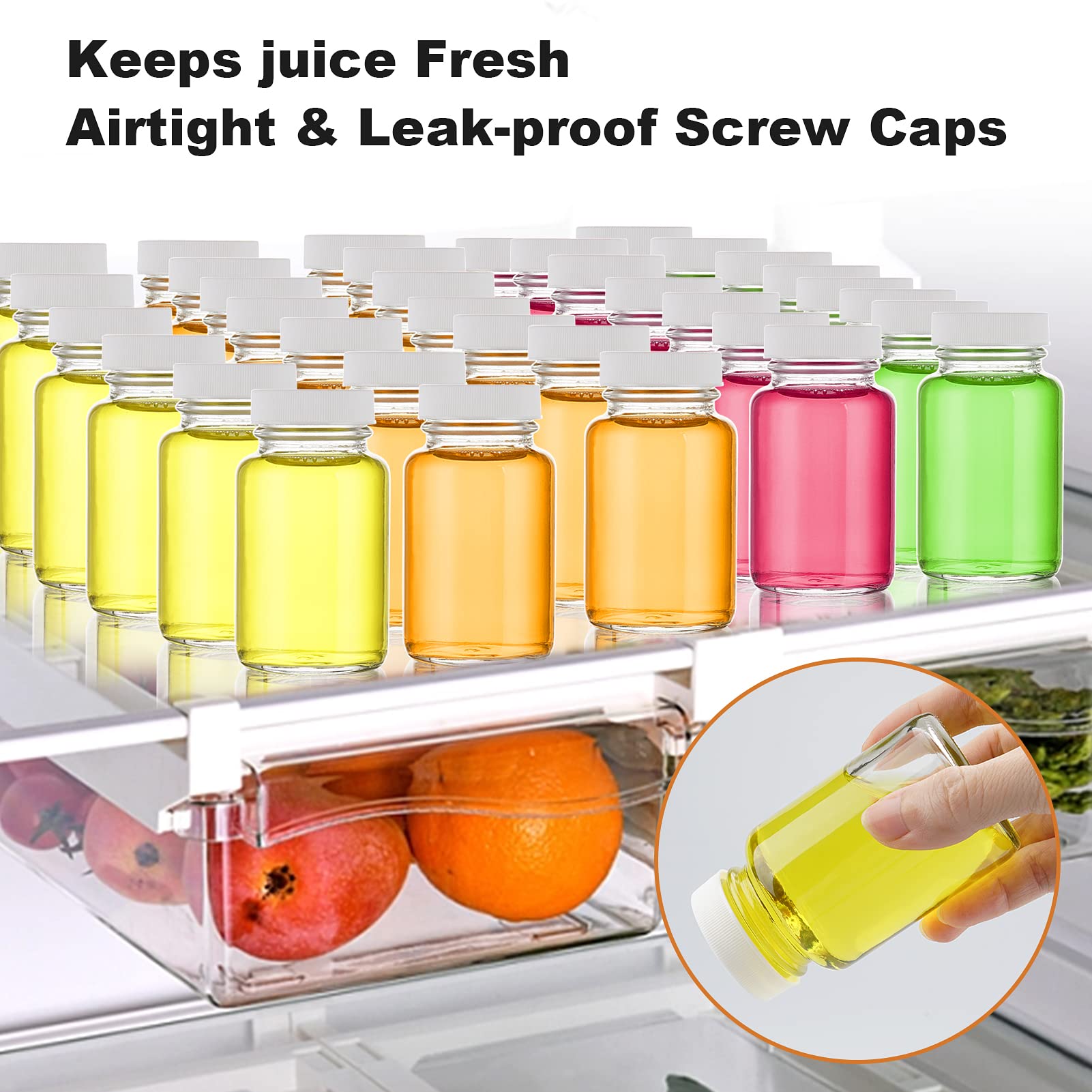 Lot De 8 Bouteilles De Jus En Verre – Large Ouverture Pour Jus De Fruits, Liquides, 59 Ml, Transparentes Avec Bouchons Colorés, Réutilisables, étanches (vert