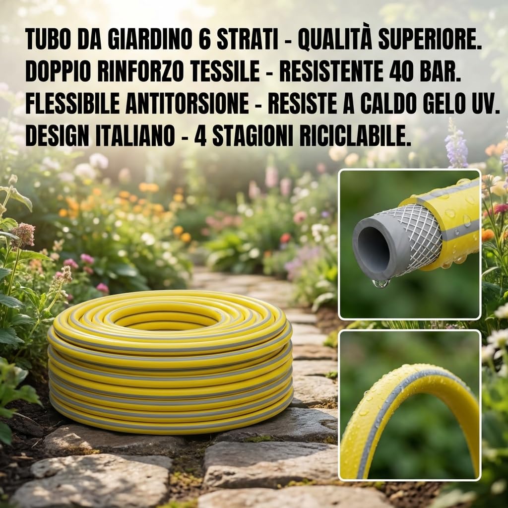 MAKA Tubo Acqua Giardino 3/4 Pollice 50 metri 6 Strati 19mm Pressione 40 Bar Flessibile con Doppio Rinforzo Tessile Retinato Magliato Antitorsione Resiste a Caldo Gelo UV 4 Stagioni Riciclabile (50)