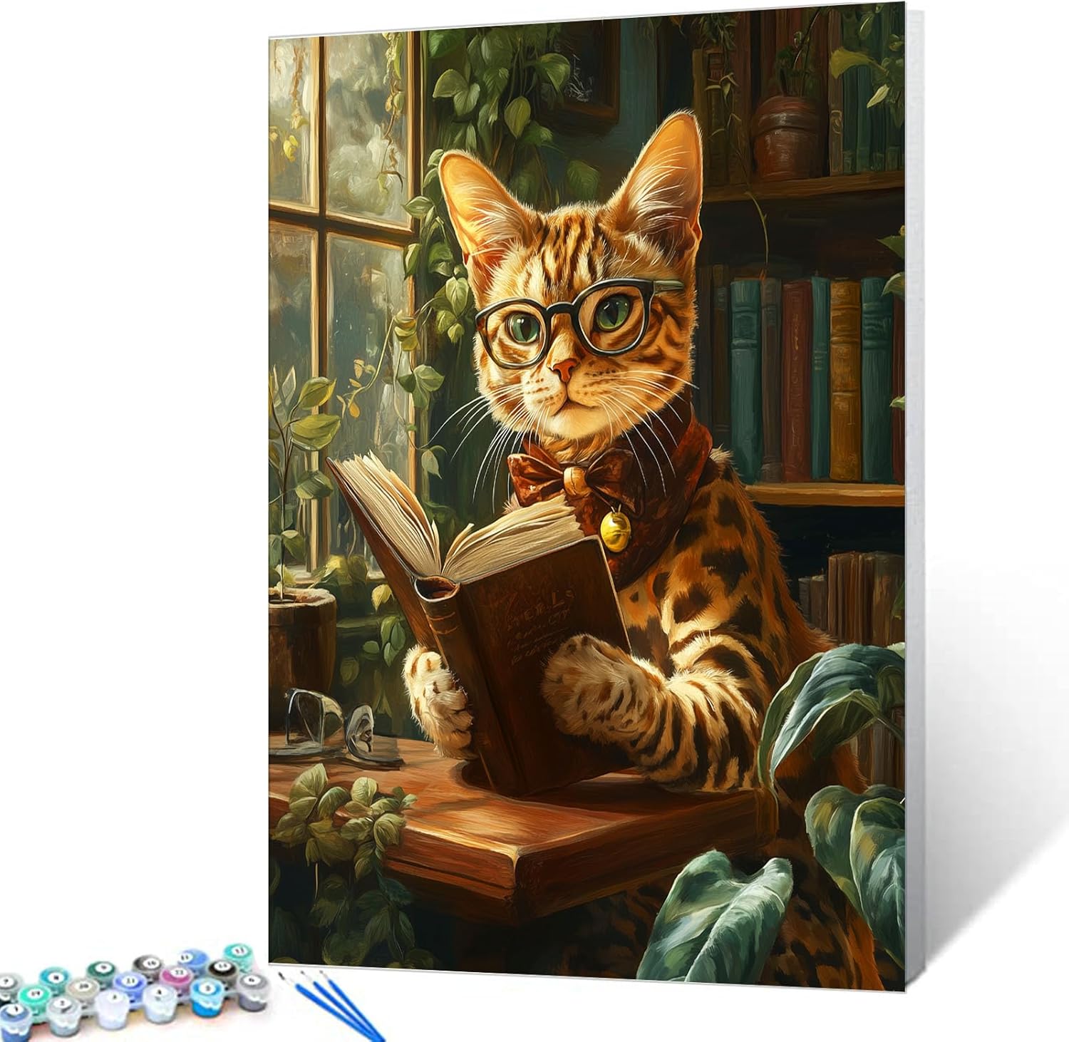 Tucocoo Cat Reading Books Paint by Number Kits On Canvas for Adults Acrylic Paint Drawing Paintwork with Paintbrushes Kitten in The Library Oil Painting Kits for Adults Home Wall Decor16x20In Frame