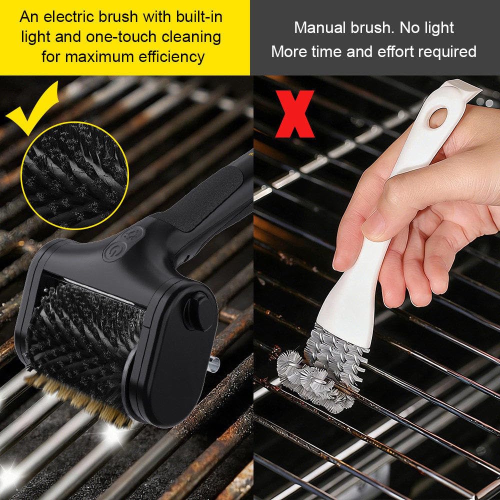 Spazzola Elettrica per Barbecue, Pulitore Cordless con Testine Intercambiabili, Spazzola Robusta con Luce LED E Setole in Acciaio Inox per Griglie da Interno Ed Esterno