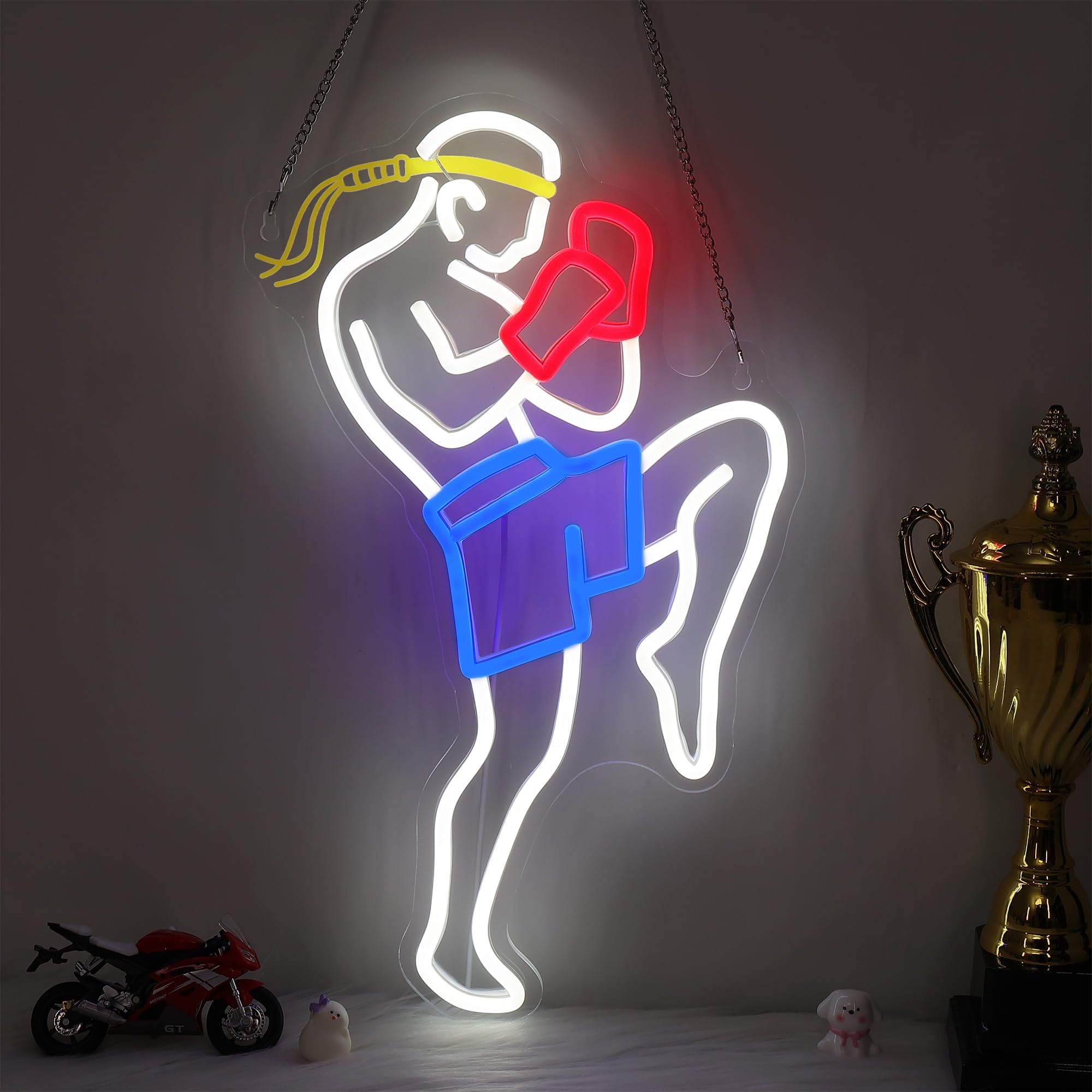 OkiyiD Insegna al neon Muay Thai per uomini, arti marziali, decorazione da parete a tema sport di combattimento, decorazione per stanza con alimentazione USB e catena da appendere, regalo ideale per