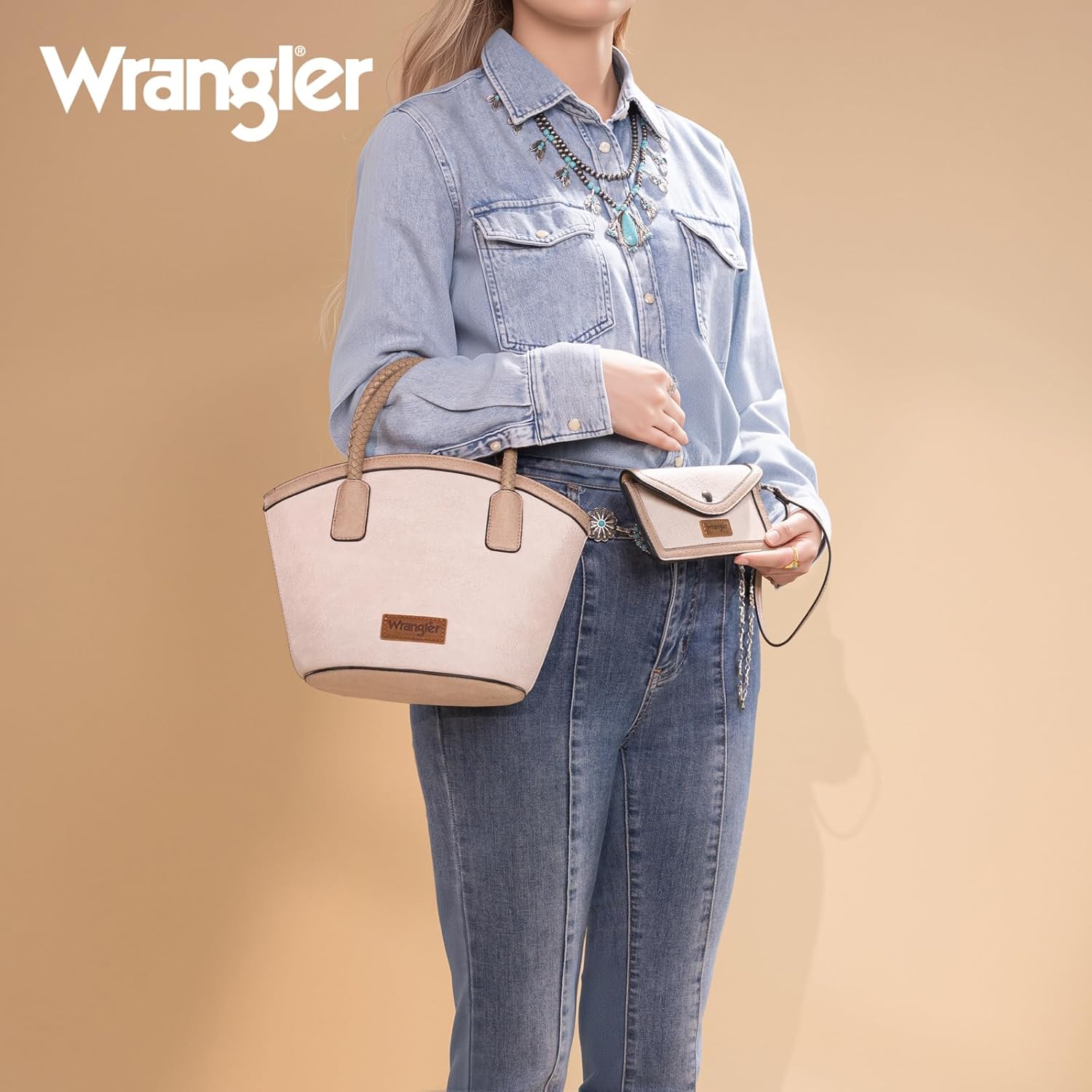 Wrangler 2 Pcs Small Tote Bag for Women Distressed Shoulder Purse Woven Handle Crossbody Bags with Small Wallet Purse - Image 2