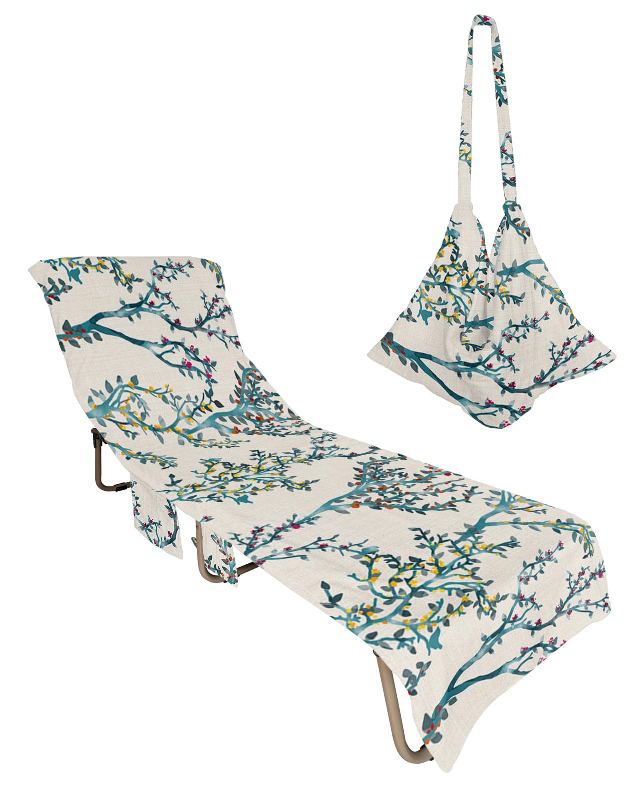 Teal Botanical Beach Lounge Chair Towel Cover, Soft Chaise Lounge Towel with Side Pockets Patio Pool Chairs Cover for Beach/Pool Sunbathing 29x85 Elegant Spring Floral Summer Branches Rustic