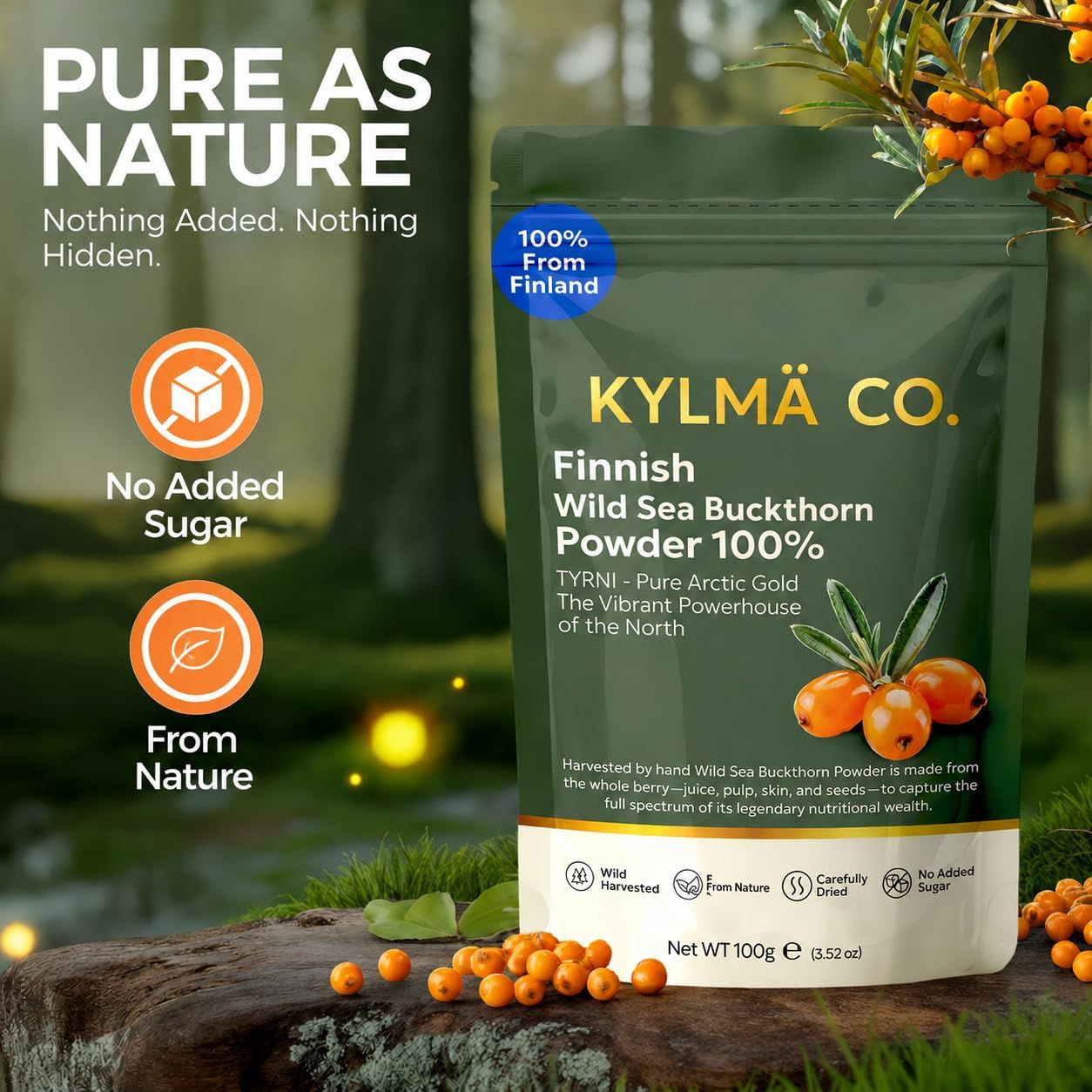 Kylmä Co. Wildes Sanddornpulver 3 x 100 G Vorteilspack | 100% Wilder Sanddorn (Hippophaë rhamnoides) Aus Finnland | Luftgetrocknet | 1 Zutat | Vegan | Glutenfrei | Für Smoothies, Müsli & Backen
