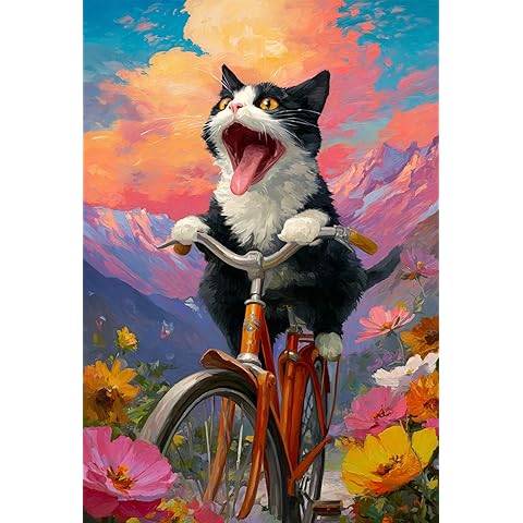 Whimsical Funny Cat on Bicycle in Meadow Flower Mountain – 1000 Piece Wooden Puzzle...