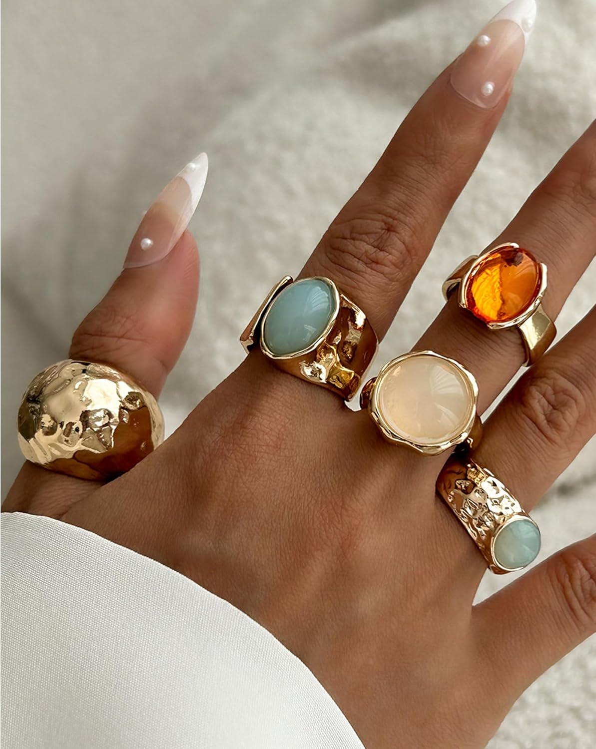 Chunky Gold Shell Starfish Ring Set for Women Trendy Gold Flower Scallop Seashell Starfish Gemstone Rings Adjustable Stacking Statement R-ings Non Tarnish Spring Summer Jewelry Accessories - Image 2