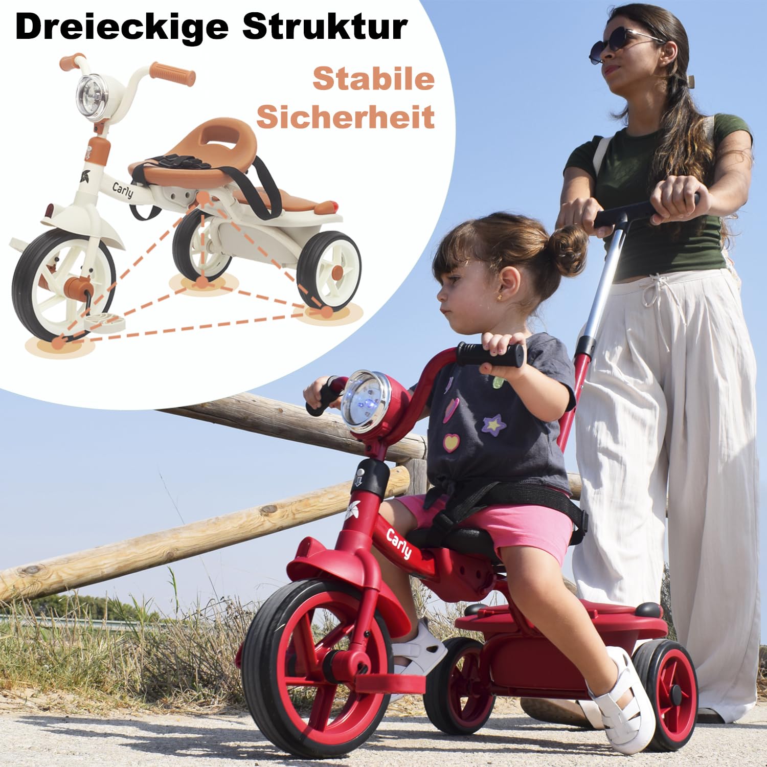Twinly Evolutionäres Baby-Dreirad, faltbar, für Kinder von 1-5 Jahren, leicht und kompakt, Lenker mit Licht und Sound, Korb und verstellbarer Schiebestange Carly (Minze)