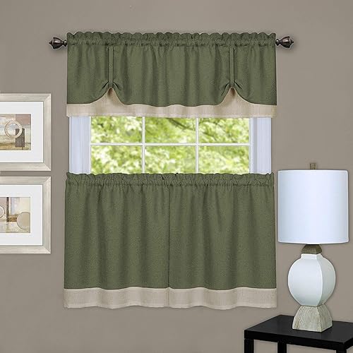Woven Trends - Juego de cortinas de ventana de dos tonos y cenefa, cortinas pequeñas de doble capa para baño, sala de estar y cocina, verde, 58 x 24