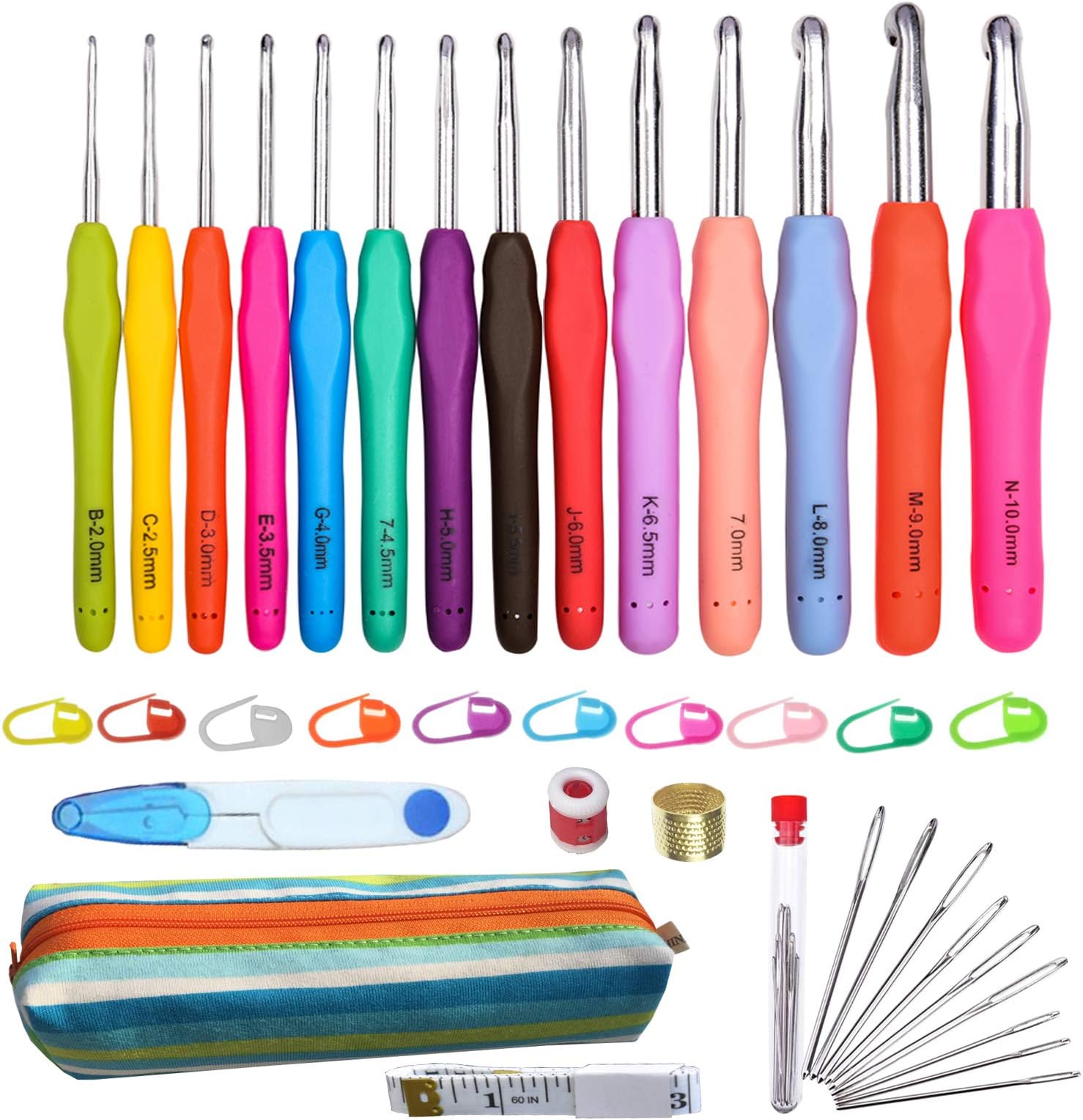 Crochet Hooks Set,14 Sizes 2 mm(B)-10 mm(N) Ergonomic Crochet Needles with Case for Arthritic Hands,Extra Long Aluminum Hooks Kit with Soft Handle