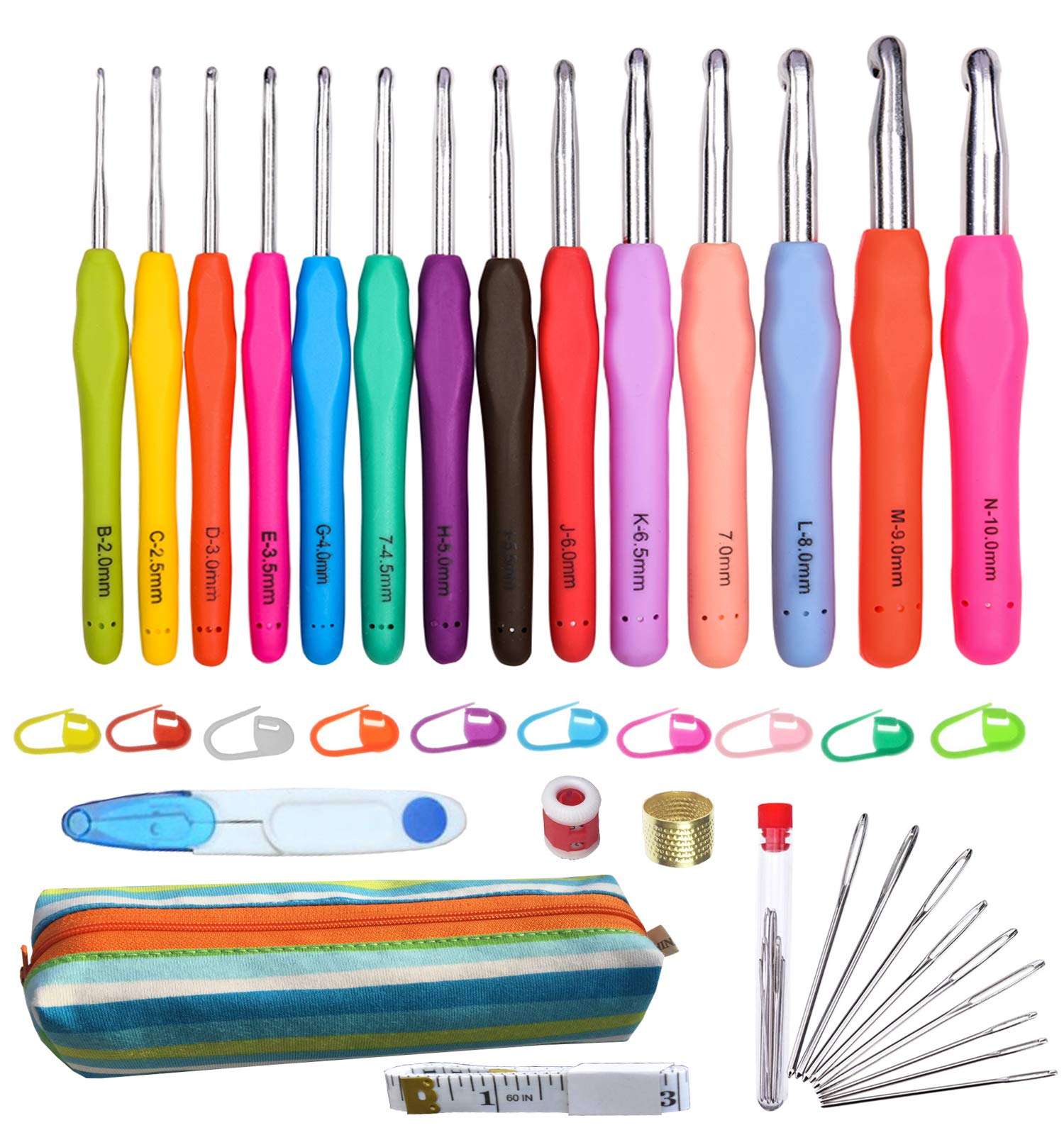Crochet Hooks Set,14 Sizes 2 mm(B)-10 mm(N) Ergonomic Crochet Needles with Case for Arthritic Hands,Extra Long Aluminum Hooks Kit with Soft Handle