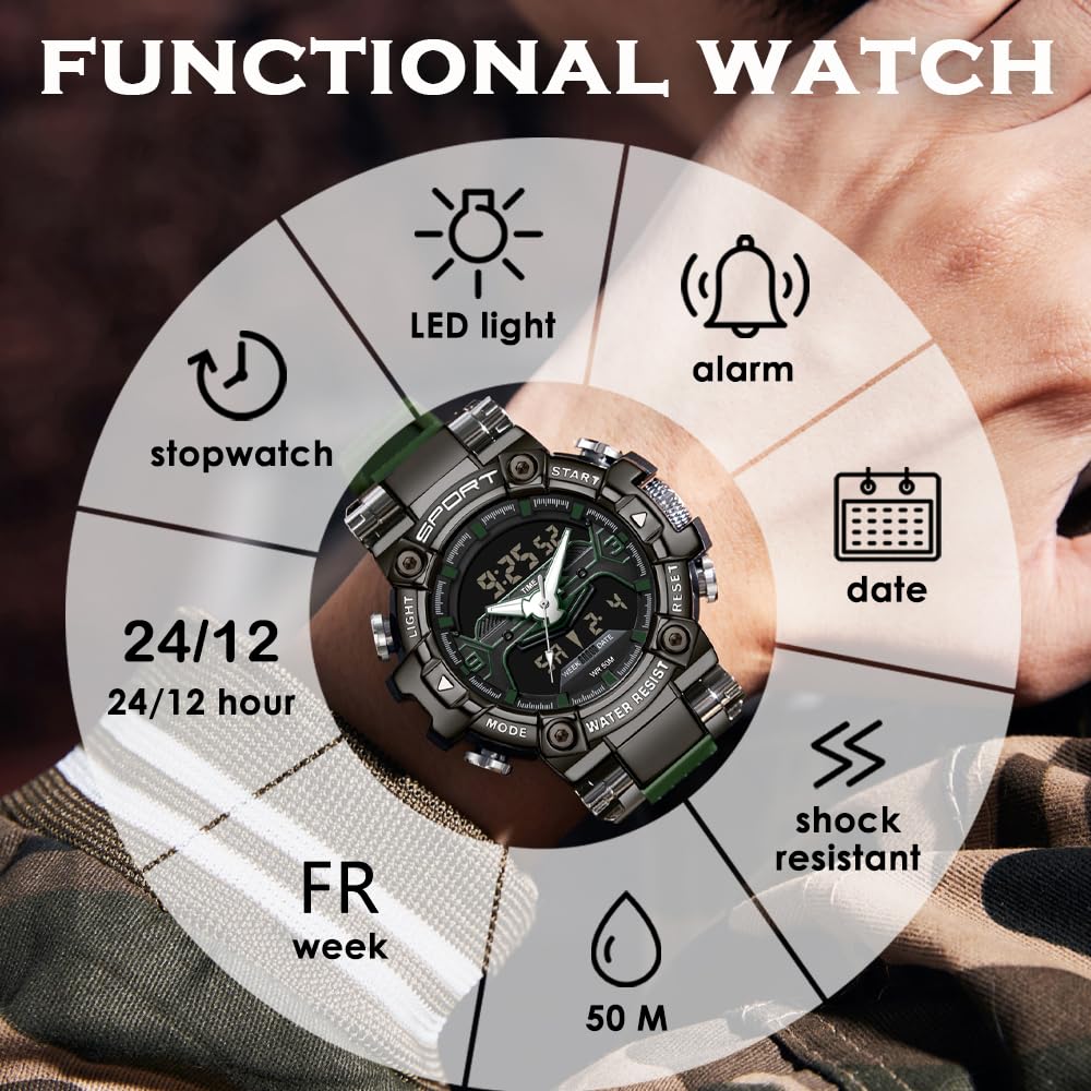 findtime Reloj deportivo militar para hombre, reloj digital resistente al agua con retroiluminación LED, alarma, cronómetro