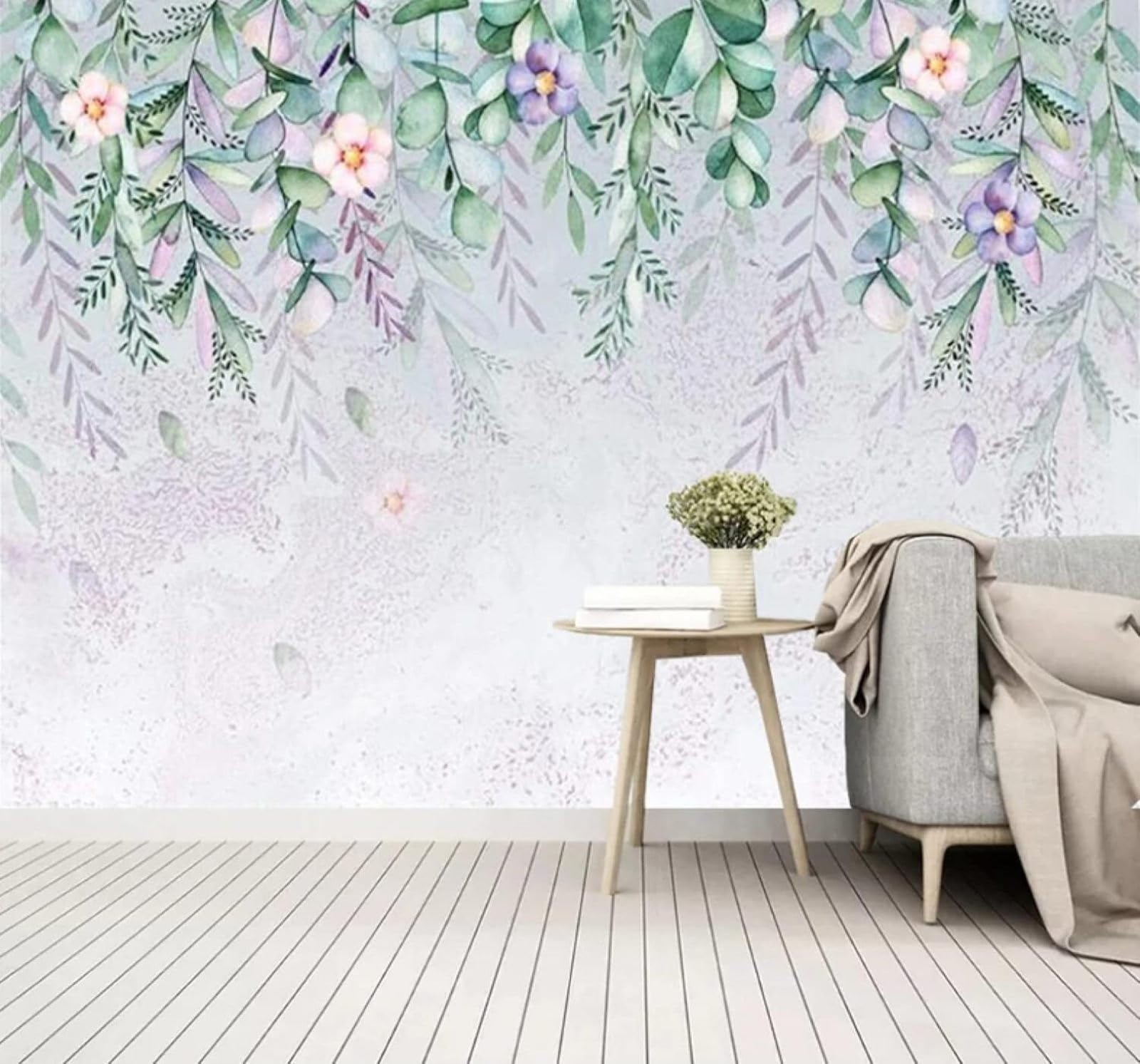 Fresh Watercolour Green Leaves Flowers Vines 3D Wallpaper Easy Install Feature Office Living Room Sofa Bedroom TV Background Wall Decoration-150cm×105cm