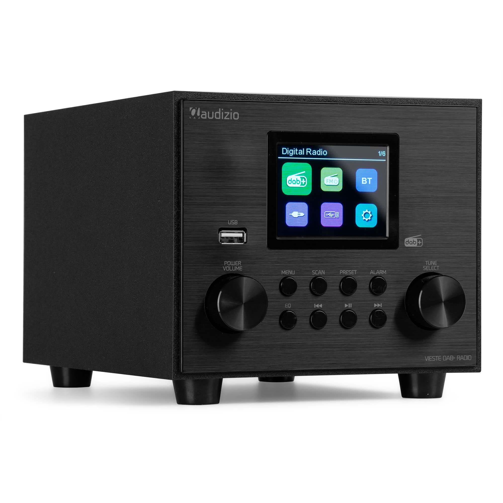 Audizio Vieste - Radio DAB+ con Bluetooth, subwoofer 60 W, FM, USB MP3, ingresso AUX, doppia sveglia, telecomando, design moderno e compatto, colore nero