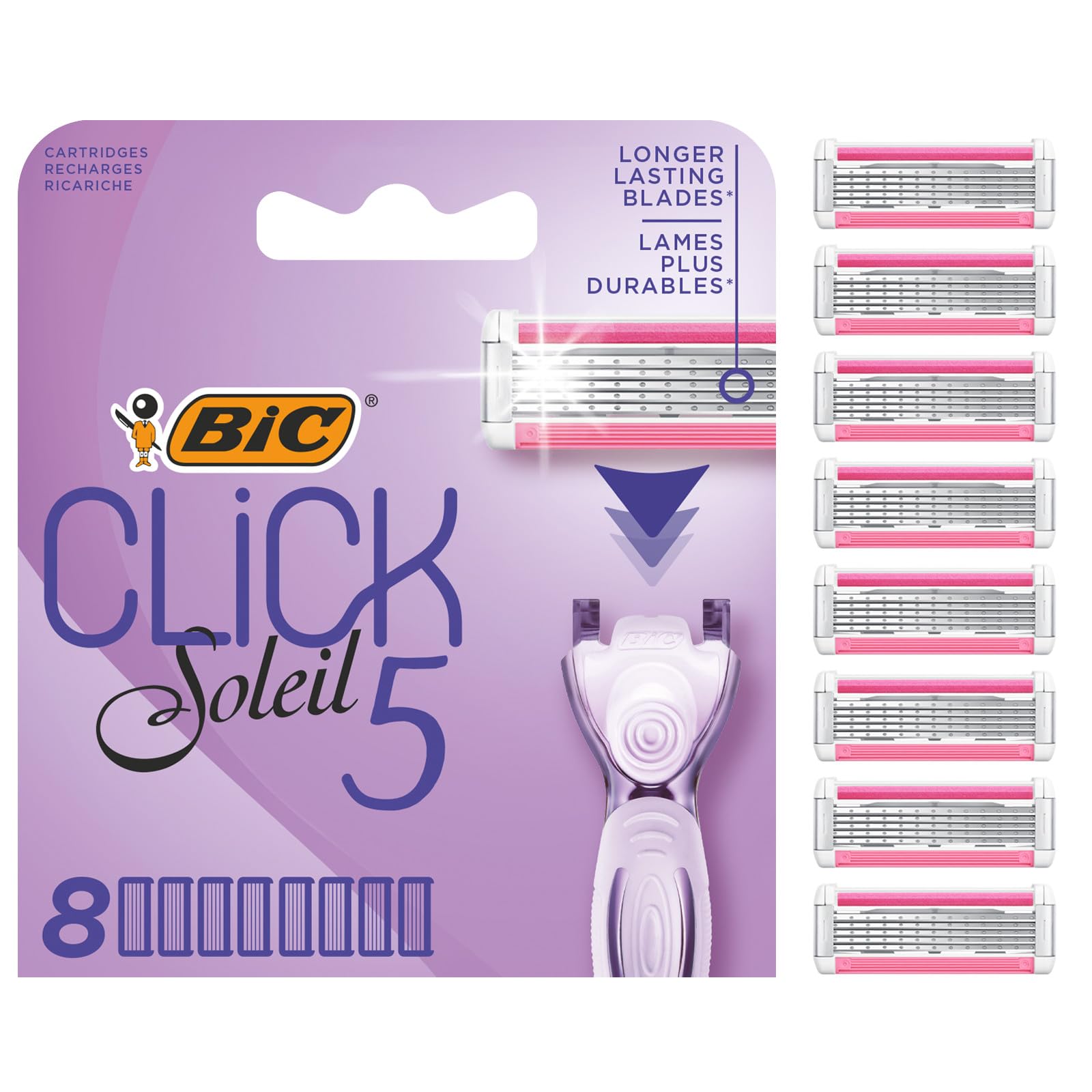 BIC Click 5 Soleil Lamette di Ricambio Rasoio da Donna, 5 Lame e Banda con Aloe Vera Idratante, Confezione da 8 Ricariche