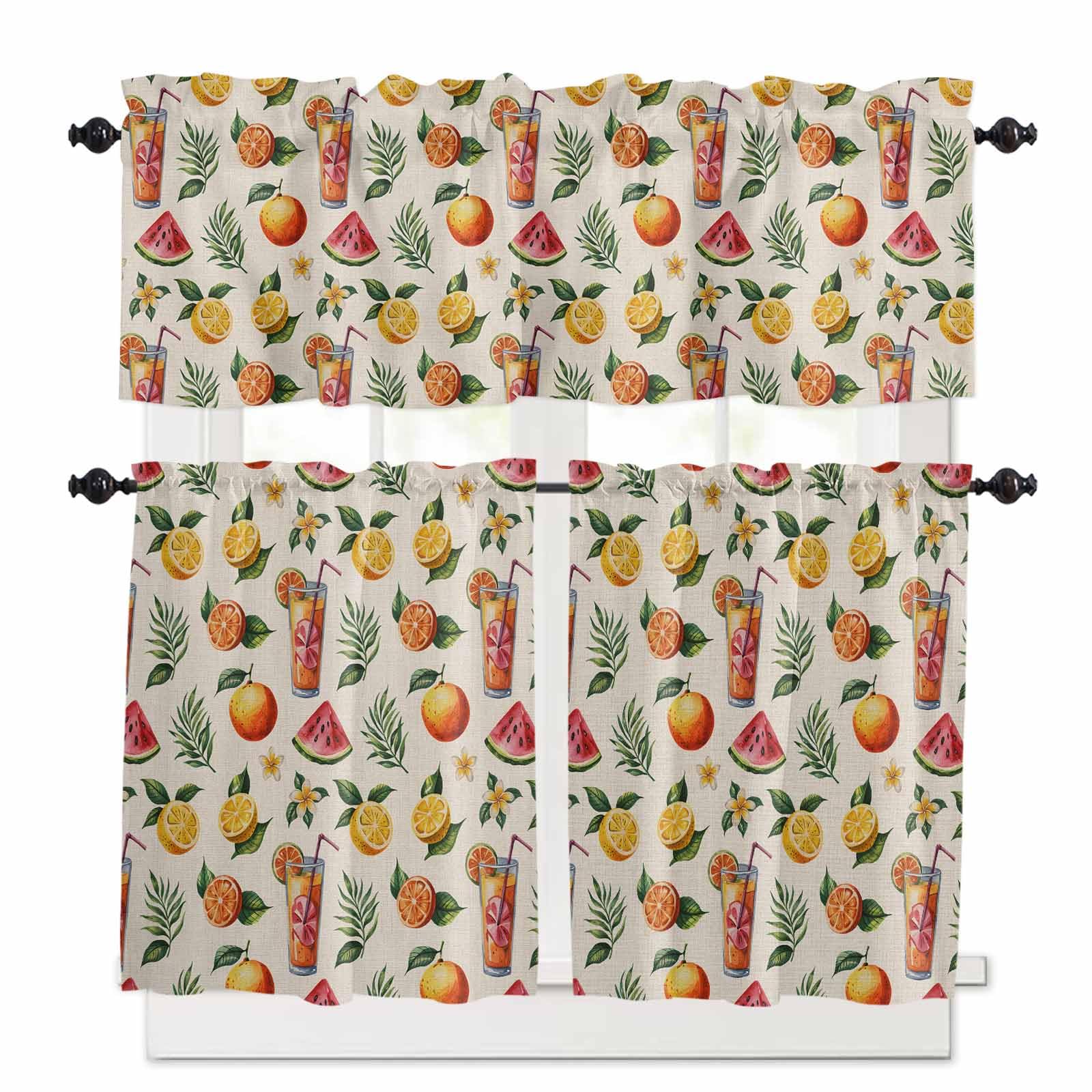 Lemon Tea Kitchen Curtains 36 Inch Length,3 Piece Rod Pocket Small Half Tiers and Valance Set,Country Summer Coconut Leaf Watermelon Flower Small Large Window Treatment Decor for Bedroom/Bathroom