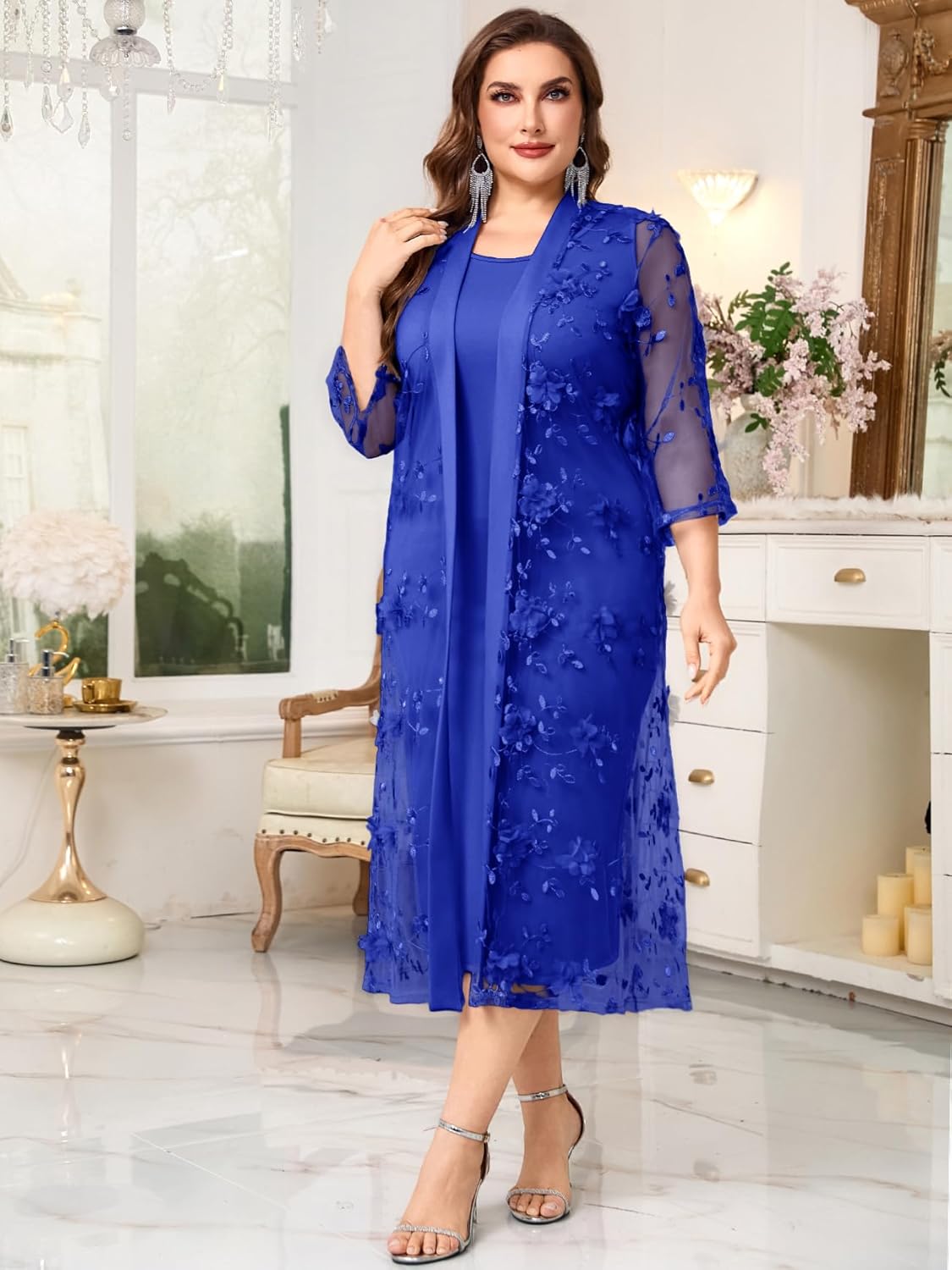 Plus Size Mother of The Bride Formal 2 Piece Dress Set with 3D Floral Mesh Jacket Dressy Suit Outfits Guest