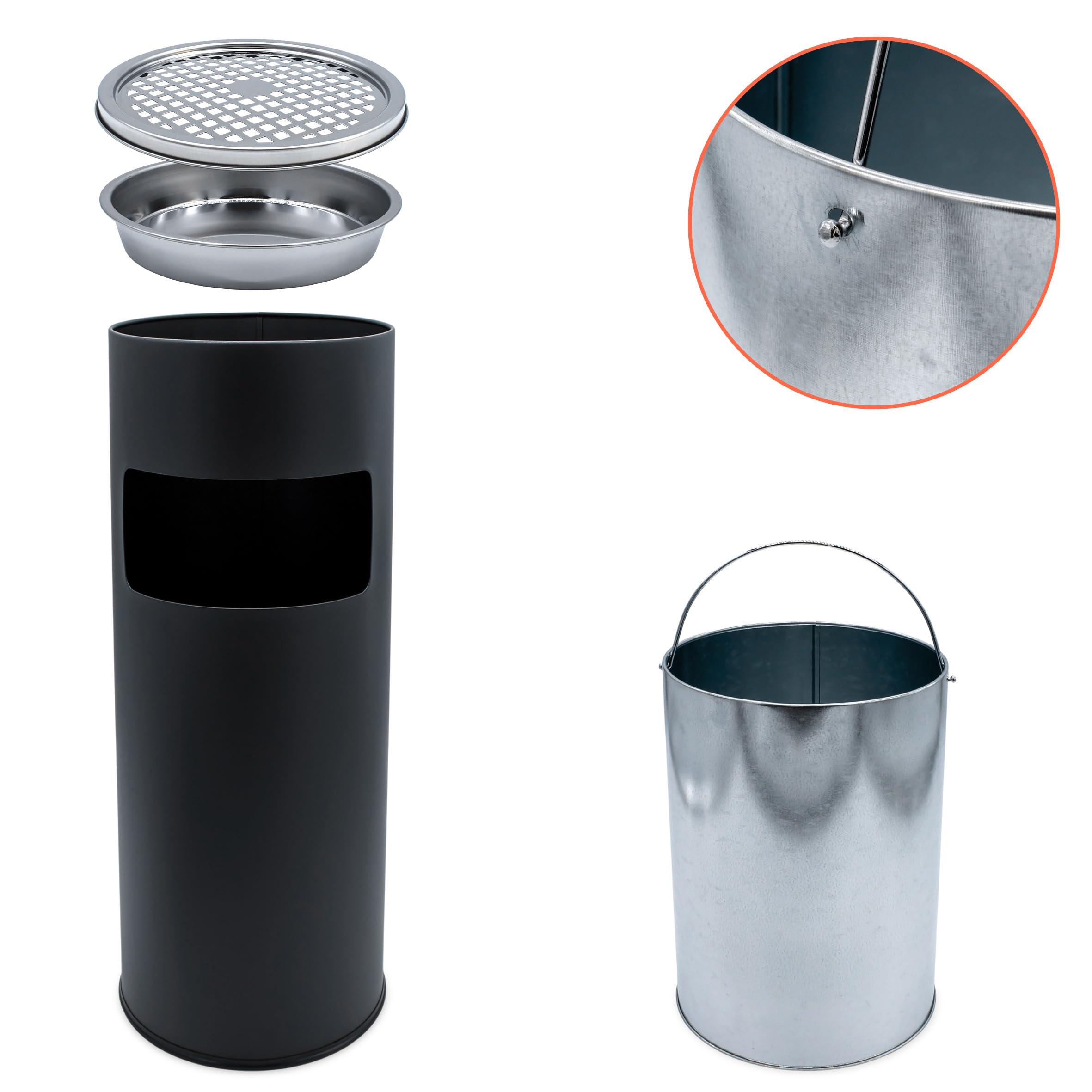 Posacenere in acciaio inox nero per esterni – 60 x 25 cm – Posacenere in metallo per esterni autoportante con pattumiera – Outdoor Stand posacenere con inserto per cenere e pattumiera