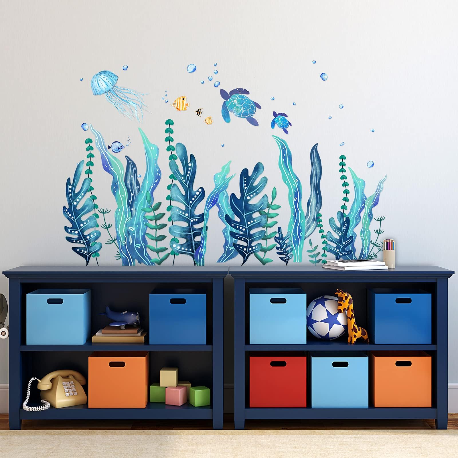 Tenare 5 Sheets 3D Under The Sea Seaweed Wall Decals Sea Turtles Wall Stickers Ocean Grass Jellyfish Fish Removable Vinyl Wall Sticker for Kids Baby Bedroom Bathroom Living Room Wall Decoration
