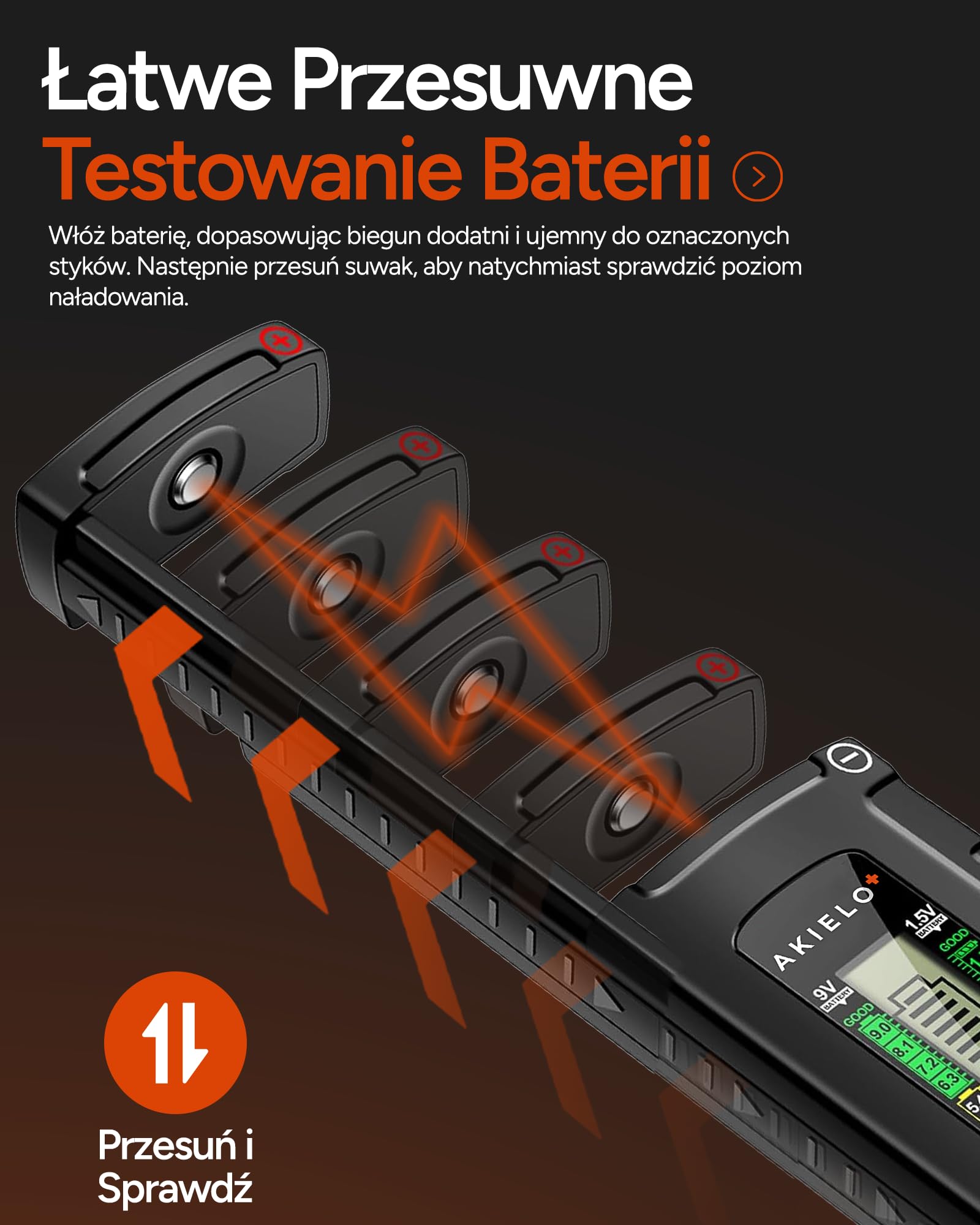 AKIELO+ Cyfrowy Tester Baterii – Łatwy do odczytu wyświetlacz LCD – Nie wymaga baterii – Uniwersalny domowy tester baterii do AA AAA C D 9V 1,5V Bateria guzikowa