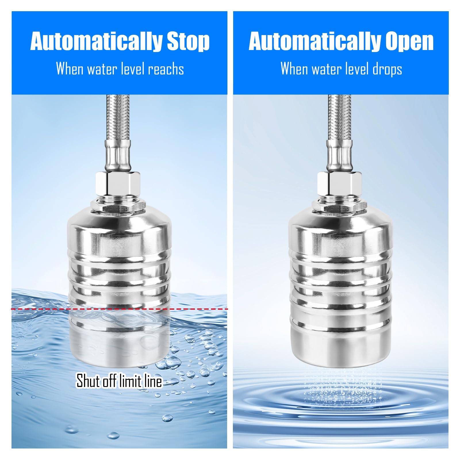 Automatisches Schwimmerventil,Schwimmerventil 1/2'' oder 3/4'' Automatische Wasserstandsregelung Einstellbar 304 Edelstahl,mit Wasserhahn-Dichtungsband und Wellrohr