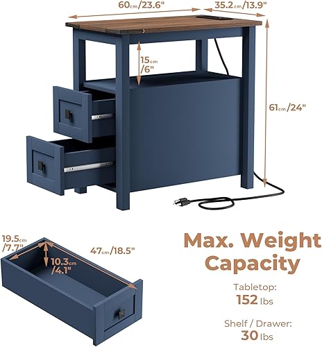 Miniatura 2 de Mesa auxiliar de granja con estación de carga y 2 cajones de almacenamiento, mesita de noche de madera azul estrecha, mesa auxiliar delgada rústica,