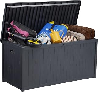 Outdoor Storage Box Waterproof, Large Deck Box Resin Bench 114 Gal, Garden Box Storage Lockable, Patio Cushion Storage Plastic Pool Storage Bin for Toy, Tool, Ball, Easy to Install (Grey)