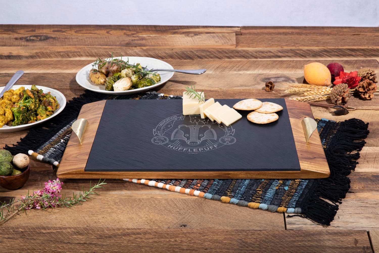 Picnic TIME Harry Potter Hufflepuff Covina Acacia and Slate Serving Tray, Charcuterie Board Set with Gold Handles, Removable Slate Surface, (Acacia Wood & Slate Black with Gold Accents)