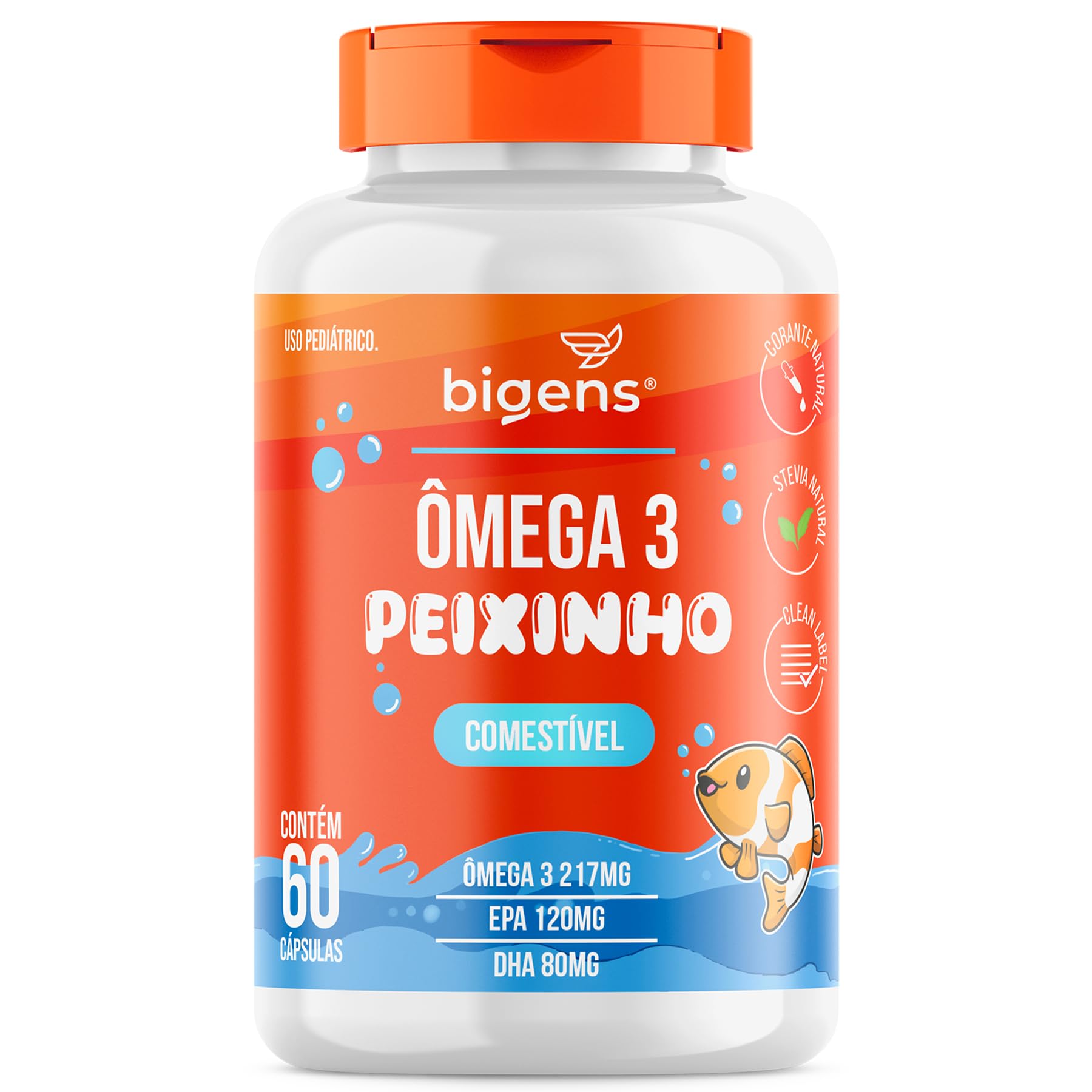 Bigens Ômega 3 Peixinho, Mastigável, Sabor Laranja, 60 Cápsulas
