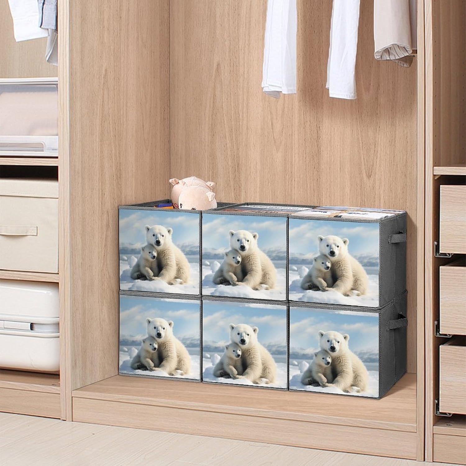 Cute Polar Bear Storage Cubes Set of 6 Storage Bins with Handles Collapsible Storage Basket Fabric Storage Box for Shelves Large Closet Shelf Organizer for Organization 11 Inch