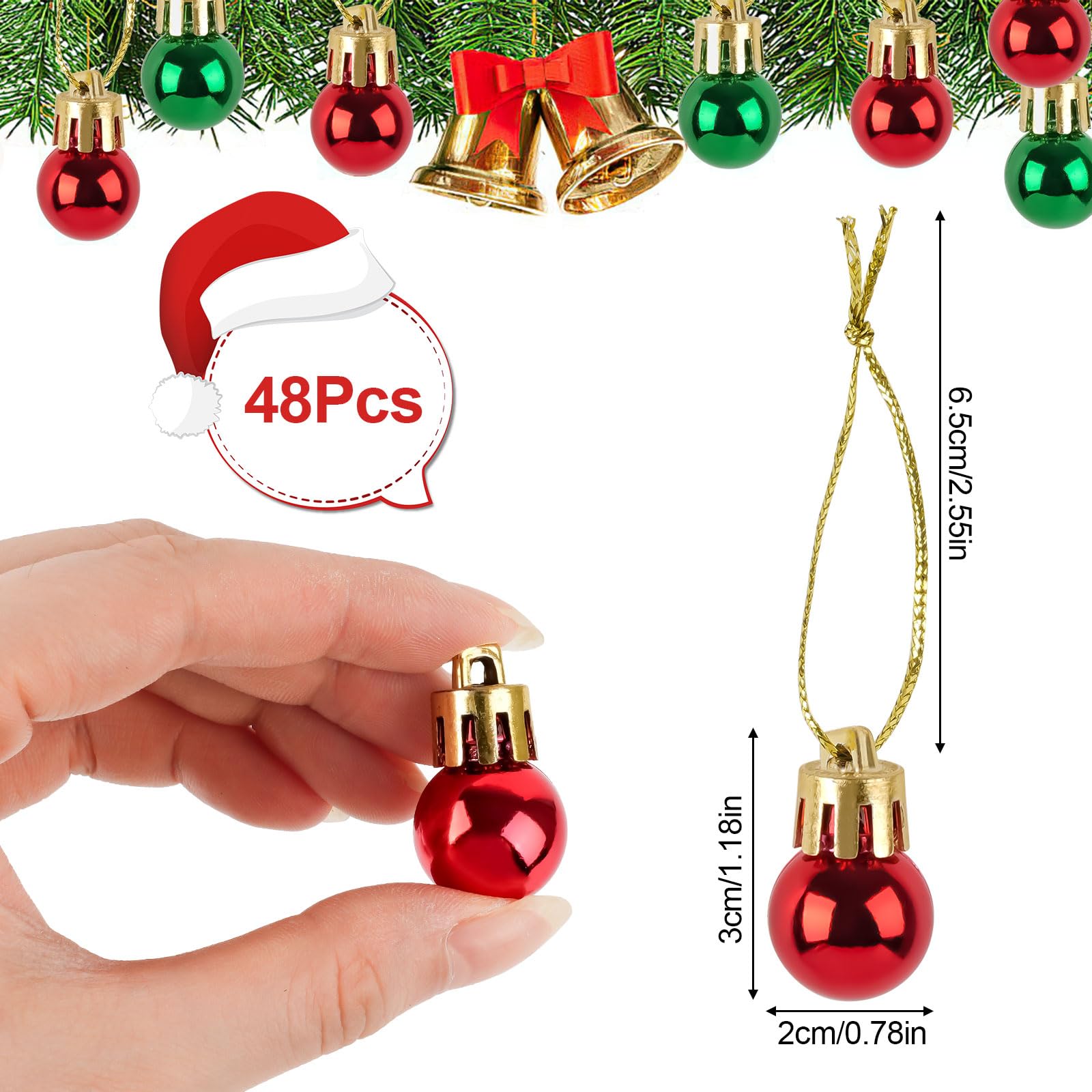 Coloured Christmas Ball, 48 Pcs Christmas Tree Decorations - Red, Green Mini Baubles for Small Tree Tiny Baubles Pendant for Xmas - Image 3