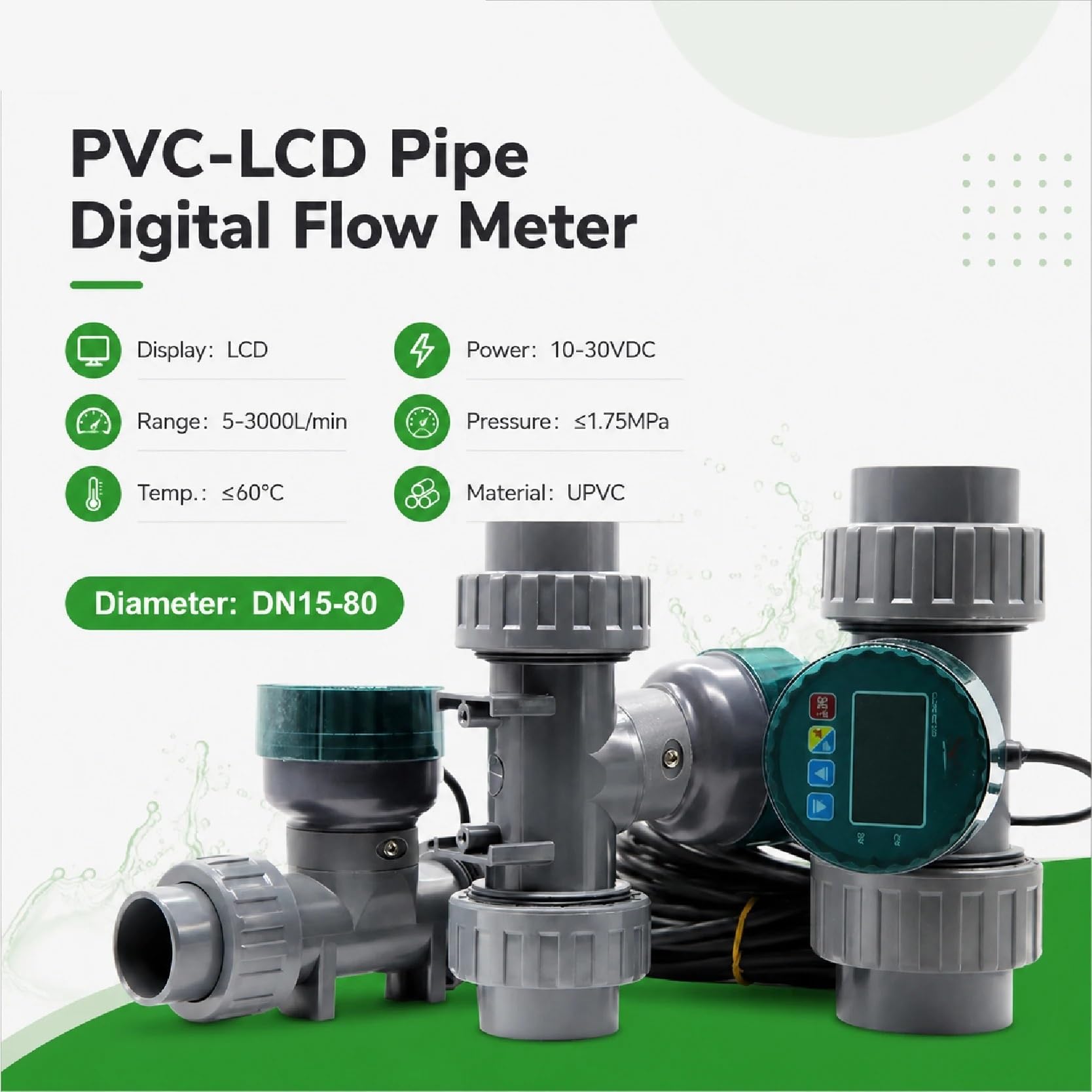 1 Uds. Medidor de Flujo de tubería electromagnética de PVC DN15-DN50 Sensor de Agua con RS485(ZJPVC-DN25)