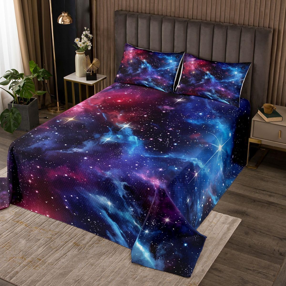 jejeloiu Purple Galaxy Bedspread Twin Size Night Starry Sky Coverlet Set Space Stars Moon Quilted Coverlet for All Season with 1 Pillowcase Glitter Microfiber Lightweight