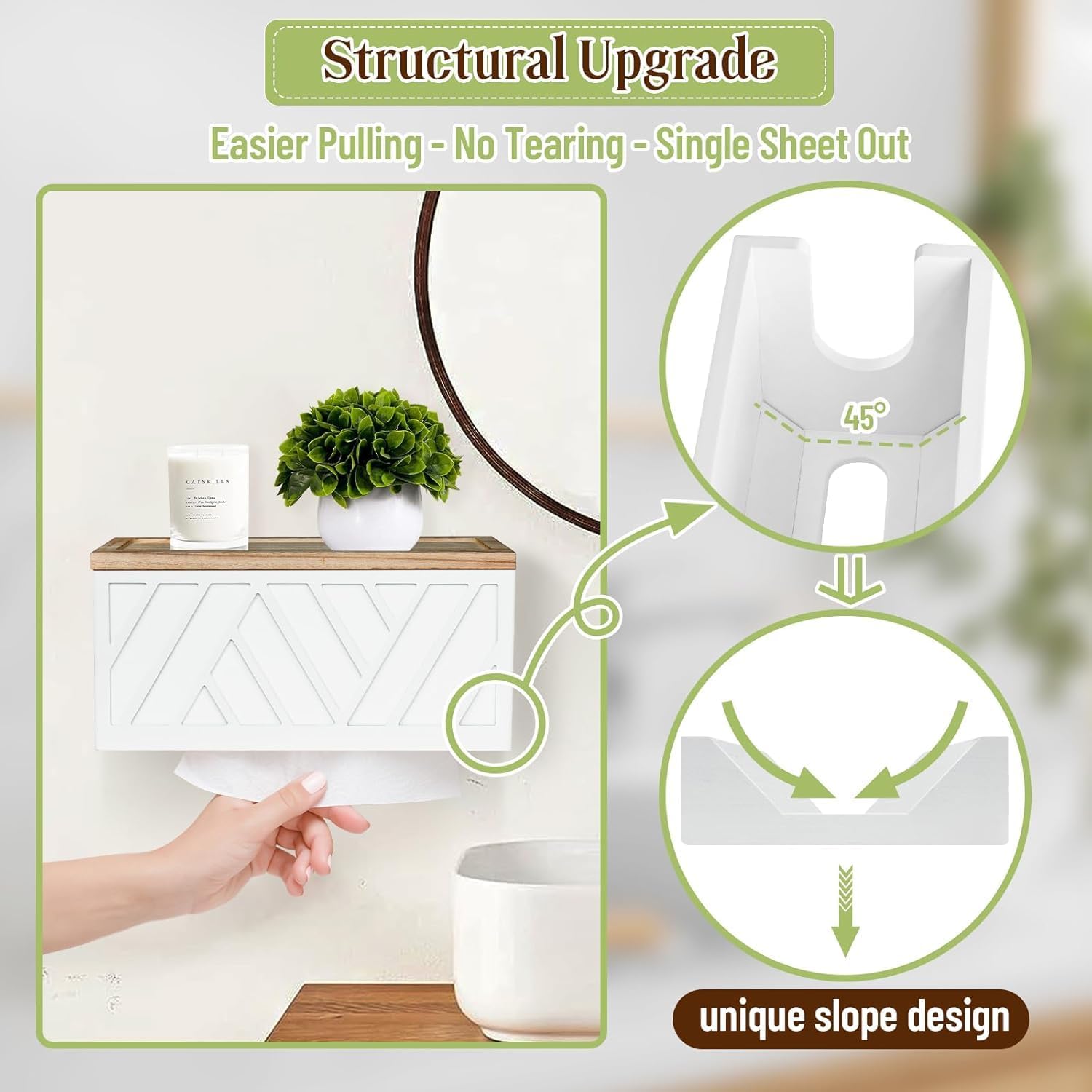 Paper Towel Dispenser Wood Without Drilling, Smooth Surface Without Burr, Weight 500 g, Ideal for Bathroom and Kitchen in Home and Commercial (White)