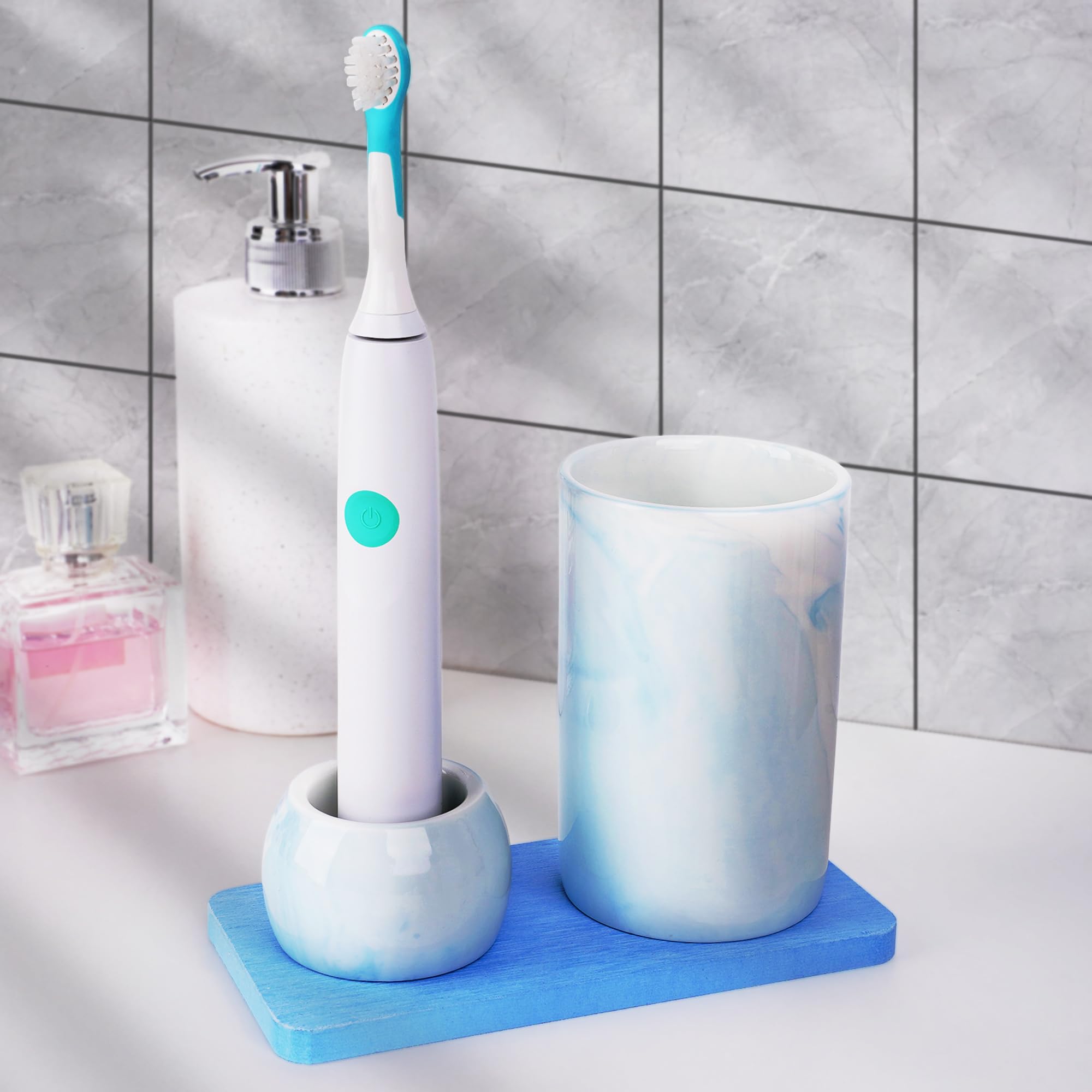 Porte-brosse à dents en céramique bleu avec support diatomite de comptoir