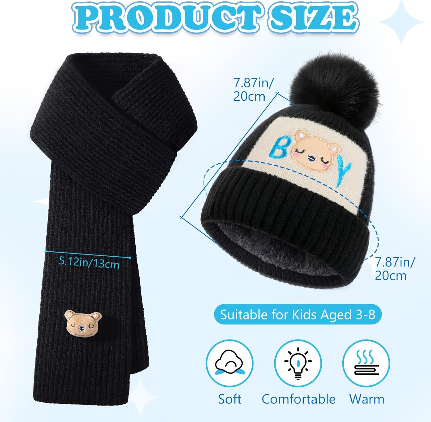 2Pcs Kids Winter Hat Scarf Set, Warm Fleece Lining Girls Winter Hats with Pom, Knit Scarf for 3-12 Years Boys Girls - Image 3