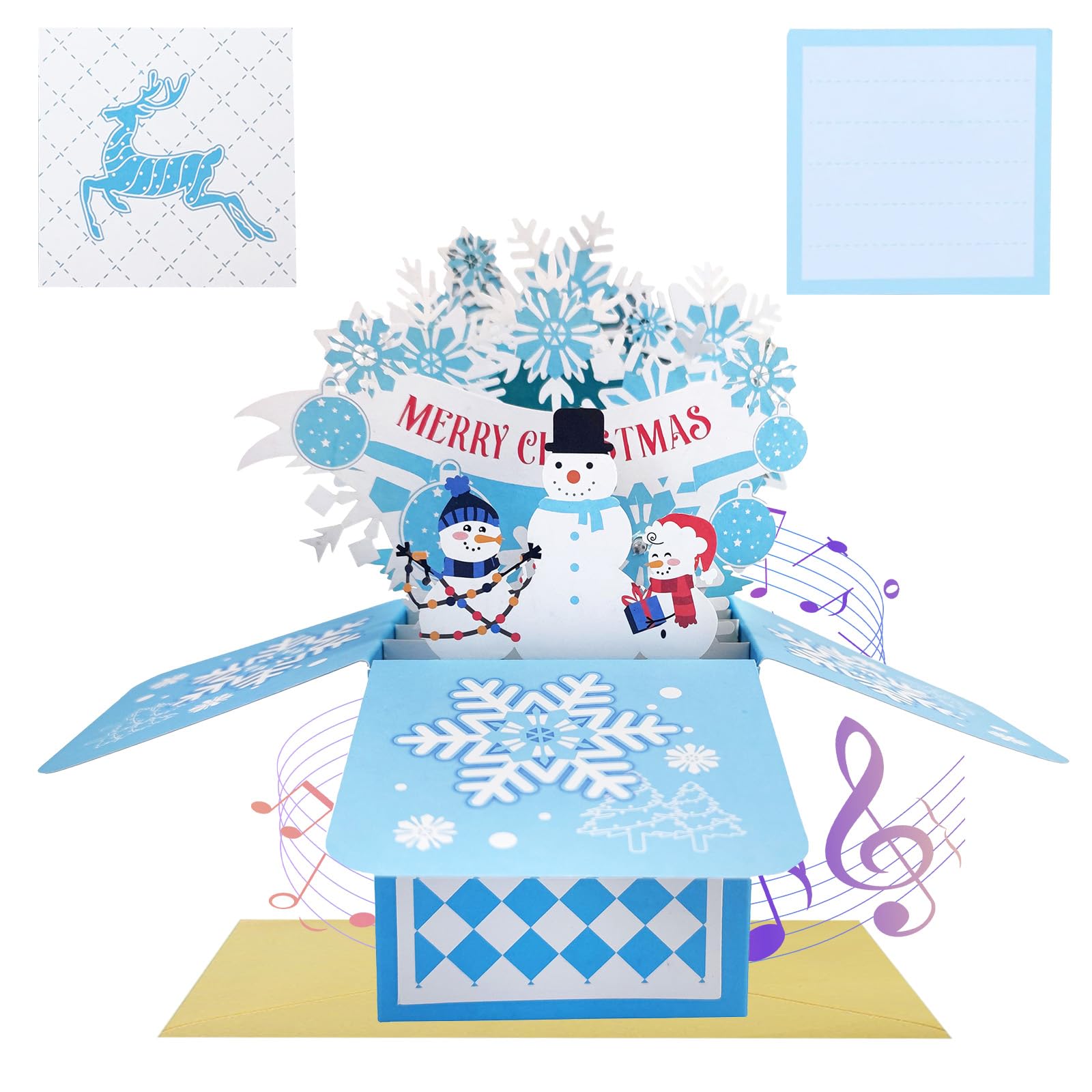 3D Pop Up Musical Christmas Cards,Pop Up Card for Xmas,Snowman Snowflake Blue Singing Christmas Greeting Card with Note and Envelope for Kids,Adults,Girls,Boys,Friends,Family,Men,Women Xmas Gifts