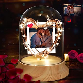 Custom Night Light in Glass Dome with Photo Personalized Lamp with Led String Light, Customized Picture Gifts for Valentines Day,Mothers Day,Christmas