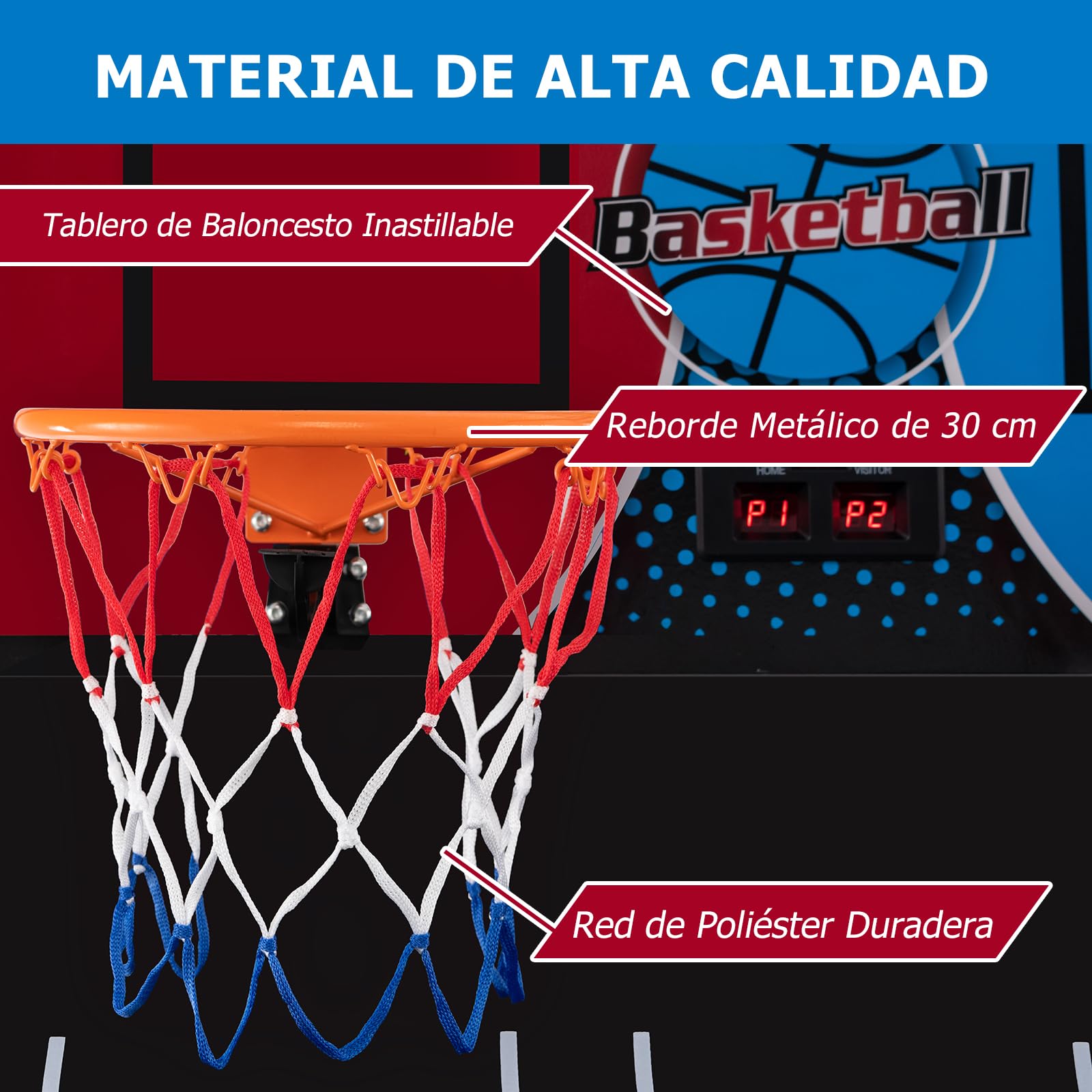 GOPLUS Canasta de Baloncesto Plegable, Máquina de Tiro Portátil, Baloncesto Arcade con 8 Modos de Juego, 4 Pelotas, 2 Cestas, Bomba, Marcador Electrónico, para Niños y Adultos (Rojo+Azul)