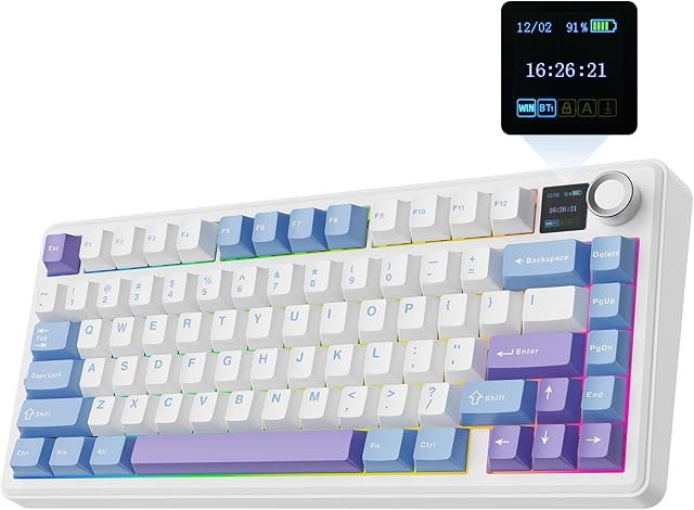 EPOMAKER X Aula F75 MAX Tri-Mode Wireless Gaming Keyboard, TFT Screen, Knob, Hot Swappable, 2.4GHz/Type-C/BT5.0, Gasket Creamy, for PC/Mac/Office/Gaming (Blue&White&Purple)