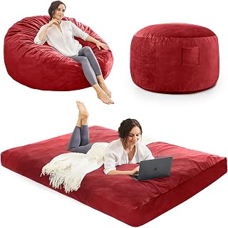 Bean Bag Chairs for Adults - Giant Bean Bag Convertible Floor Sofa | 3 IN 1 Lounger Couch Sofa, Memory Foam Filling, Removable Velvet Cover, Machine Washable, in Bedroom Living Room, Full Red